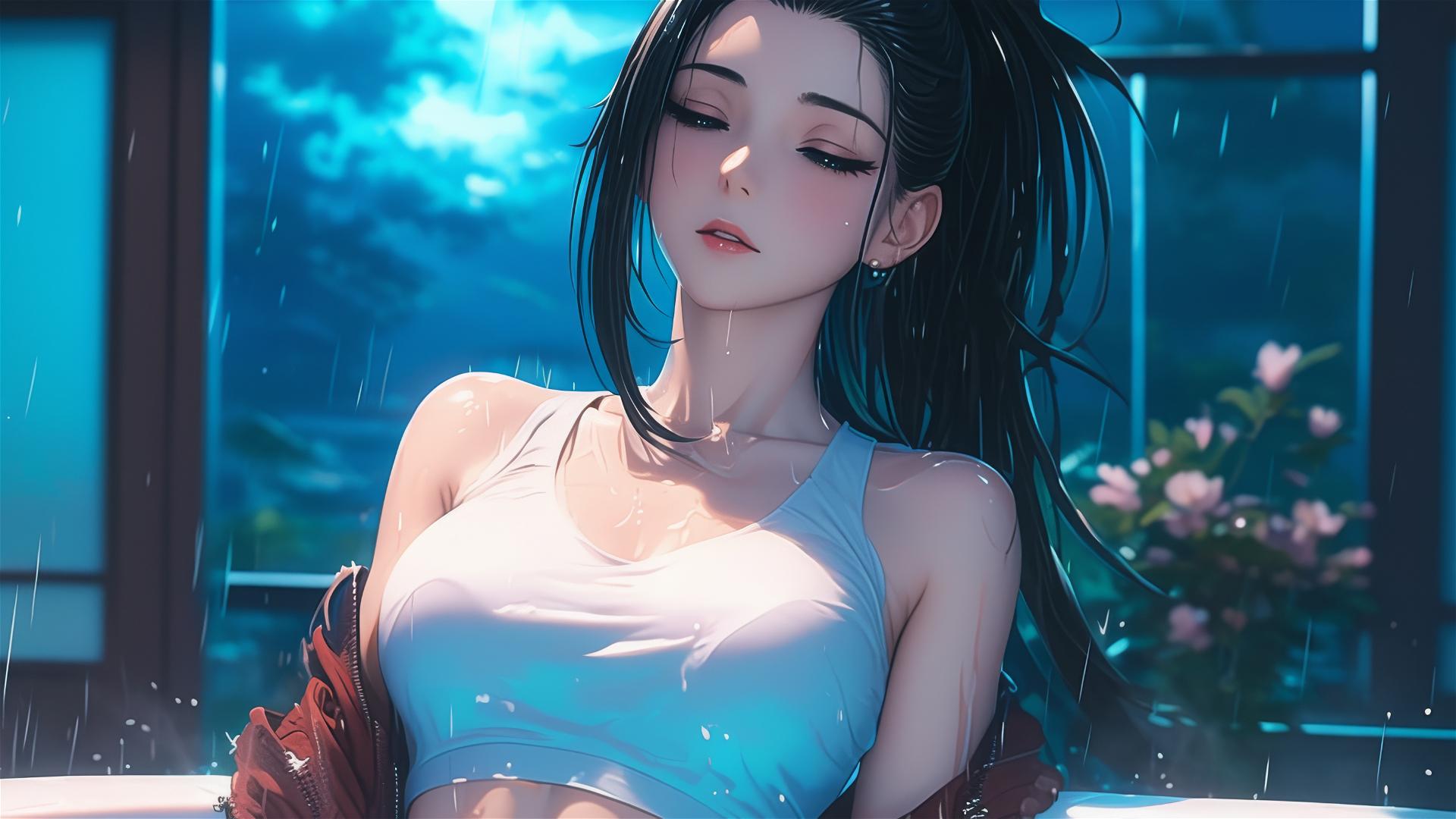 Momo Yaoyorozu from My Hero Academia resting in a tub under moonlight