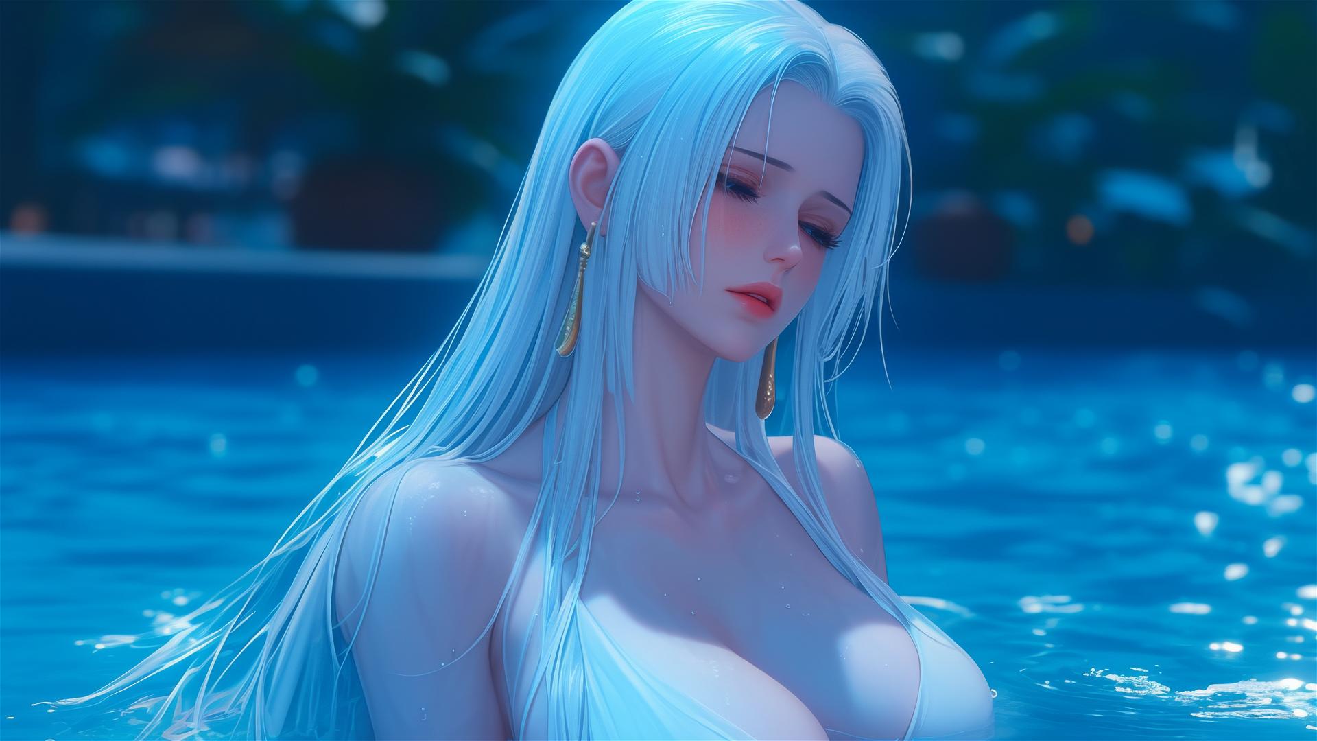 Boa Hancock from One Piece resting in tub under the moonlight with white hair
