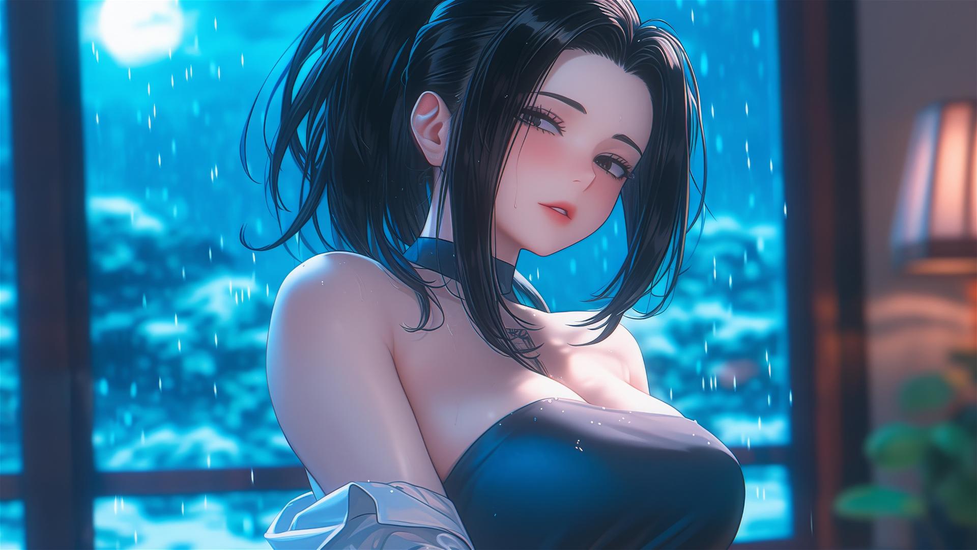 Momo Yaoyorozu from My Hero Academia resting under moonlight in her apartment