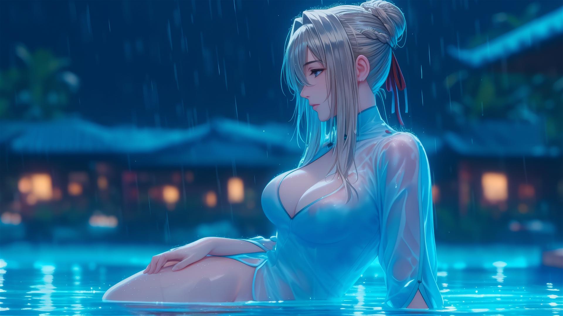 Violet Evergarden resting by a rainy swimming pool under moonlight