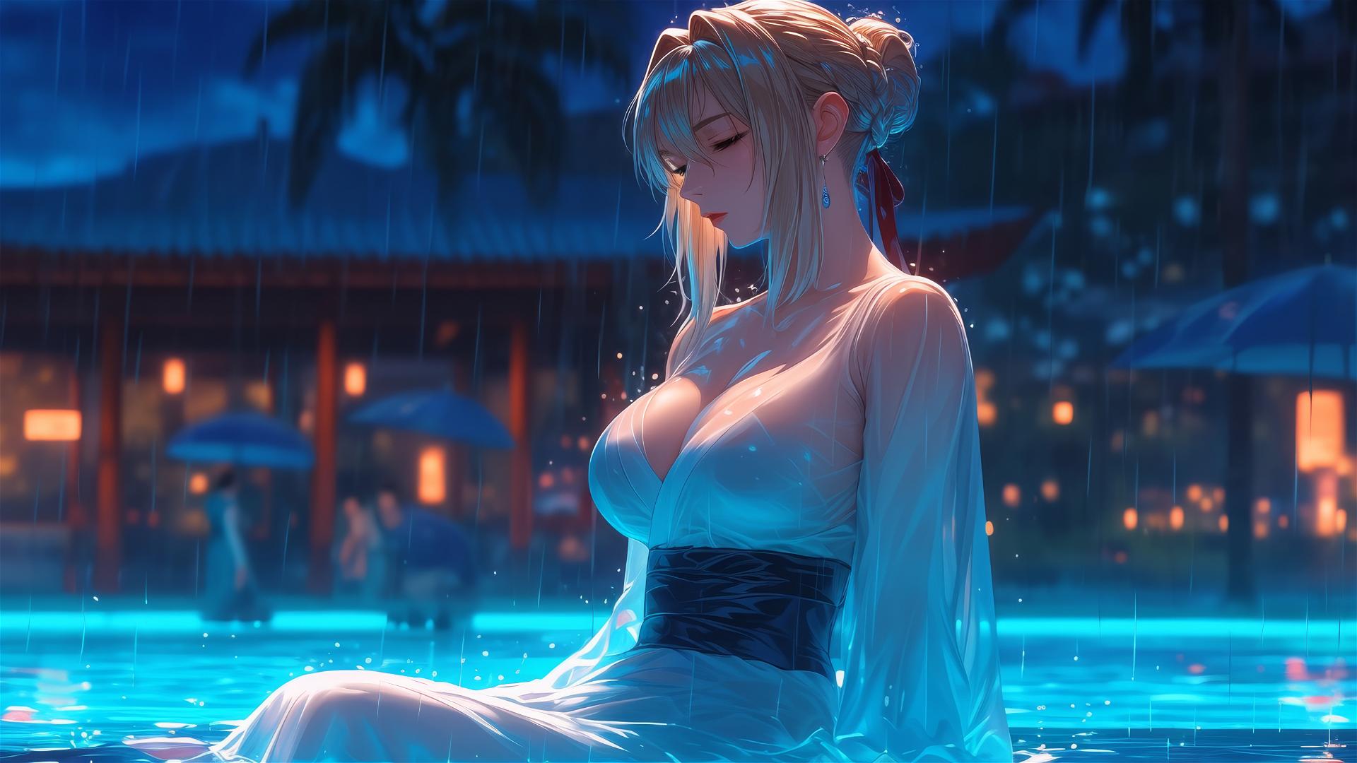 Violet Evergarden resting by a rainy swimming pool under moonlight