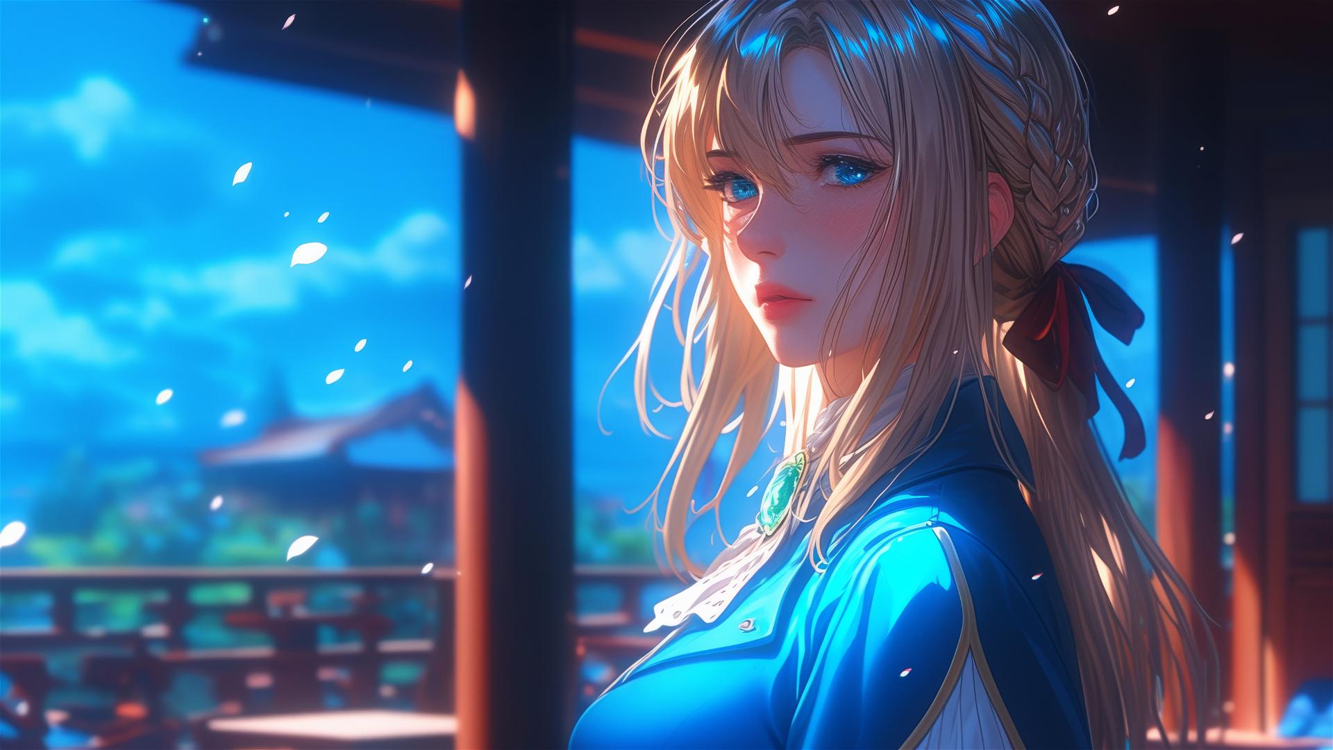 Violet Evergarden standing leisurely at her house under moonlight