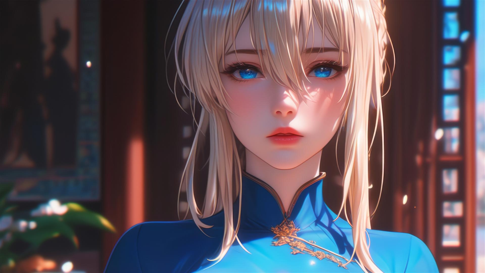 Violet Evergarden standing leisurely at her house under the moonlight