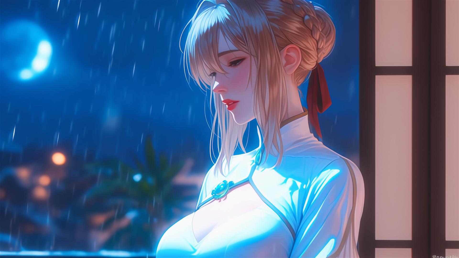 Violet Evergarden standing leisurely at her house under moonlight