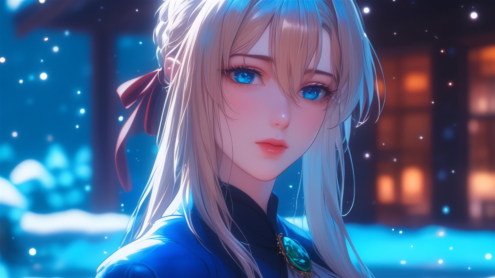 Violet Evergarden standing under moonlight in her house