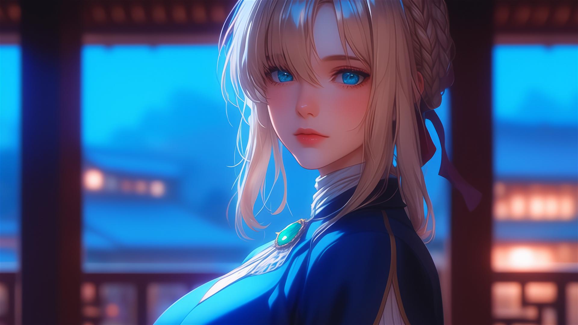 Violet Evergarden standing at her house under the moonlight