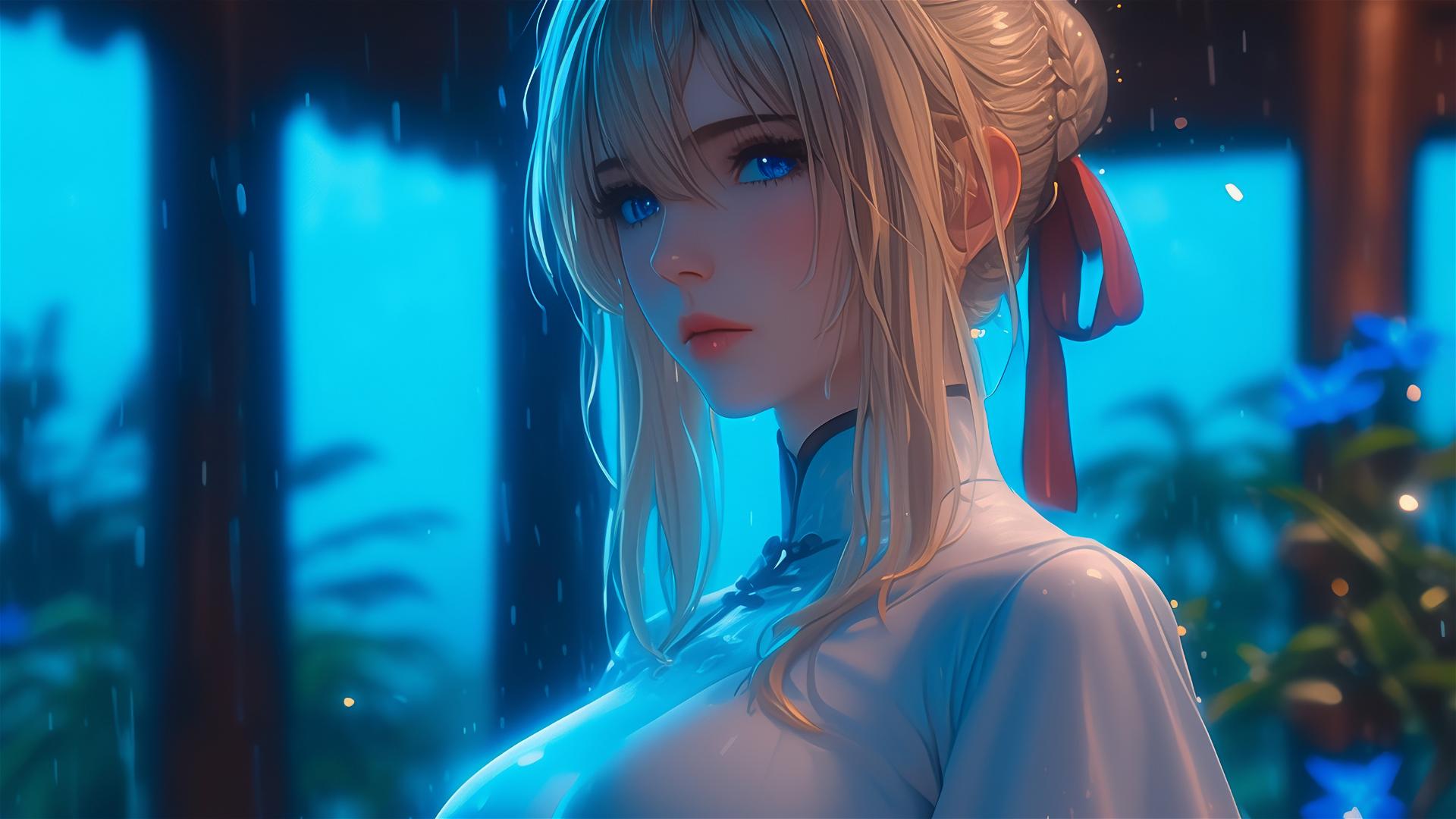 Violet Evergarden at her house under moonlight