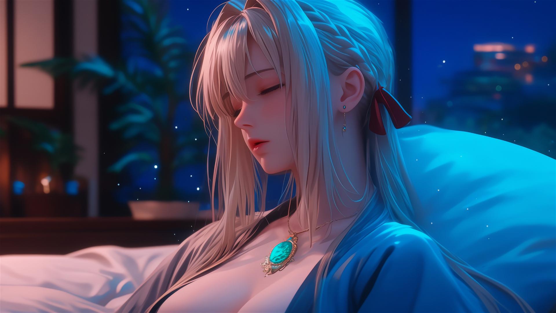 Violet Evergarden resting at apartment under moonlight