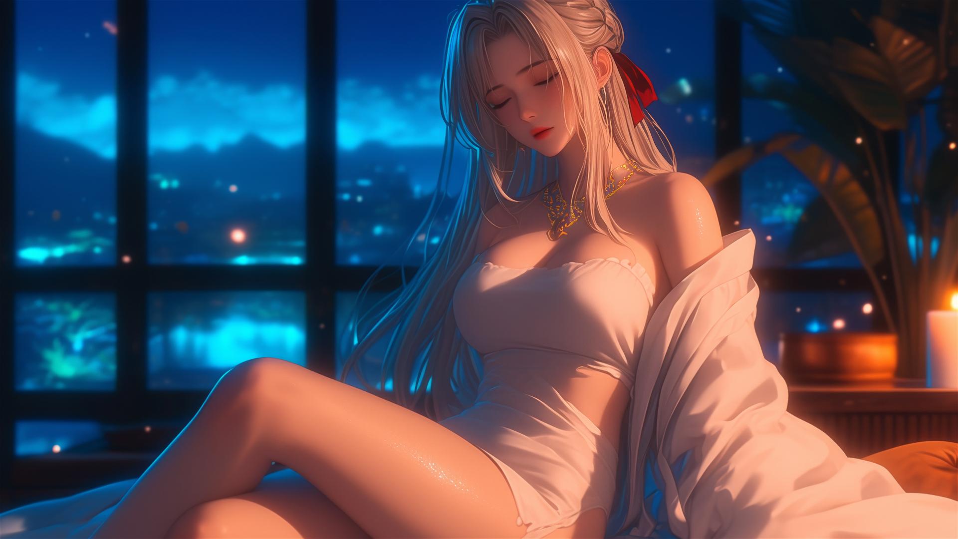 Violet Evergarden resting by moonlight in apartment