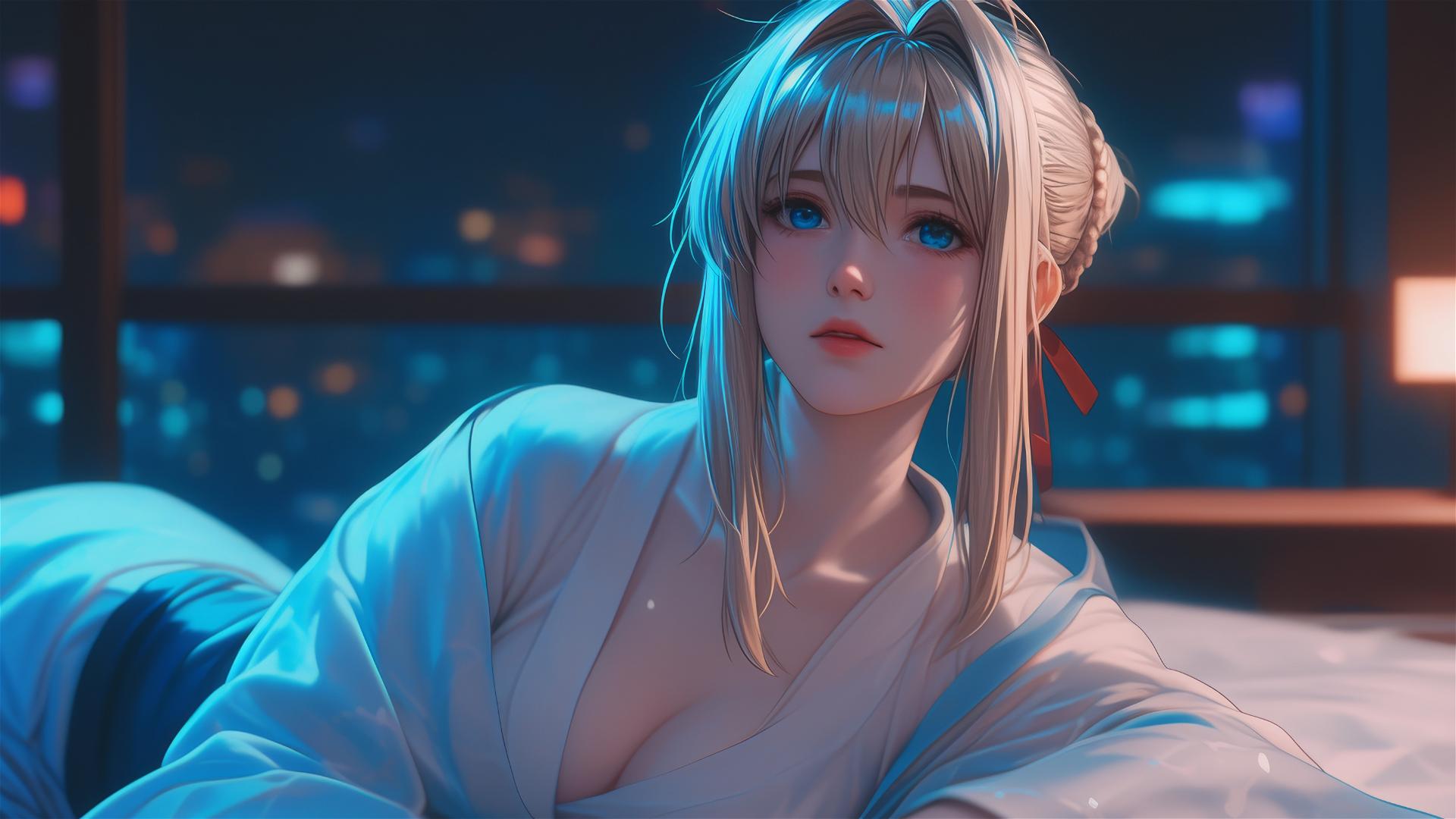 Violet Evergarden resting in apartment with moonlight glow