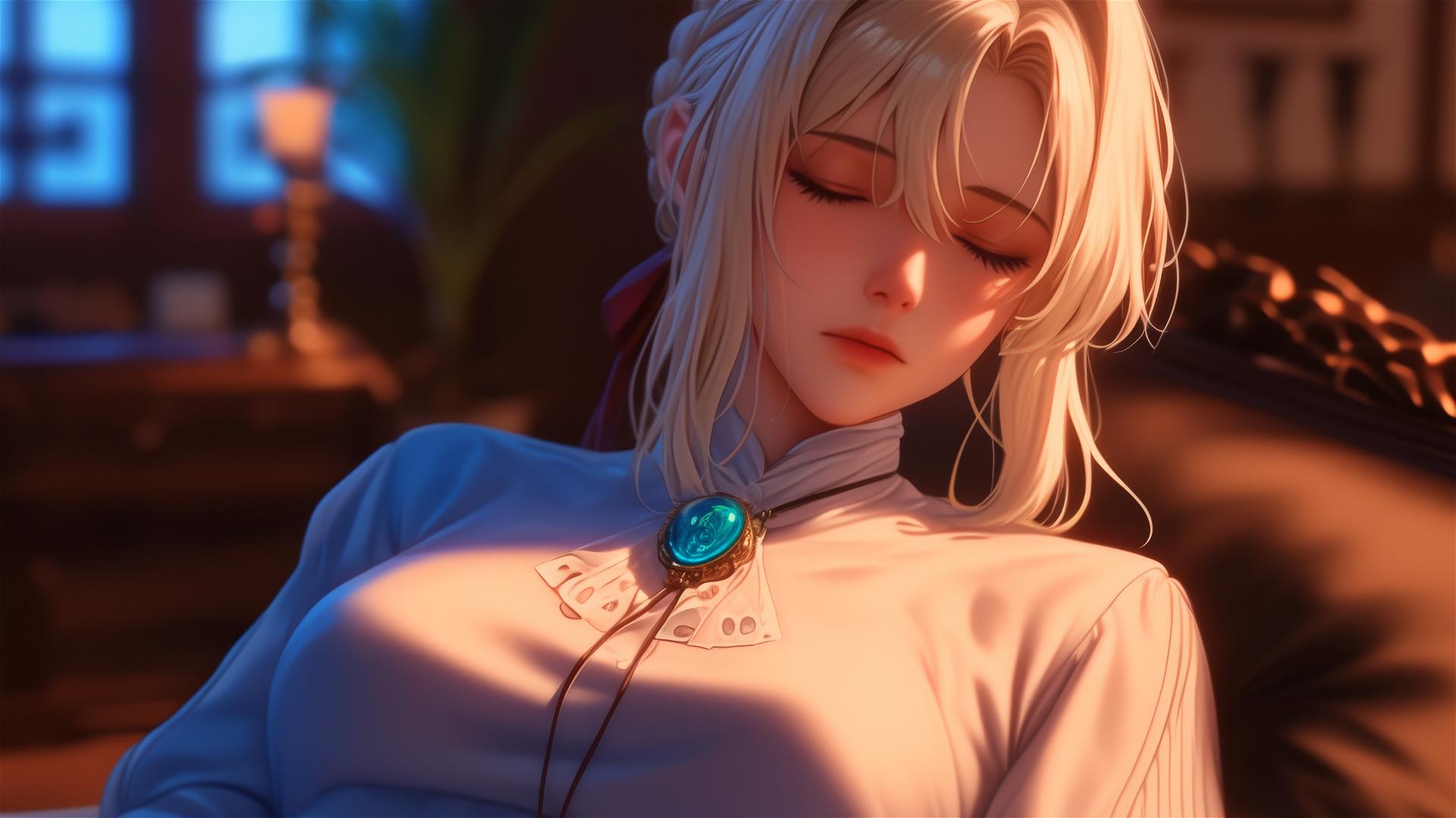 Violet Evergarden resting in apartment under moonlight