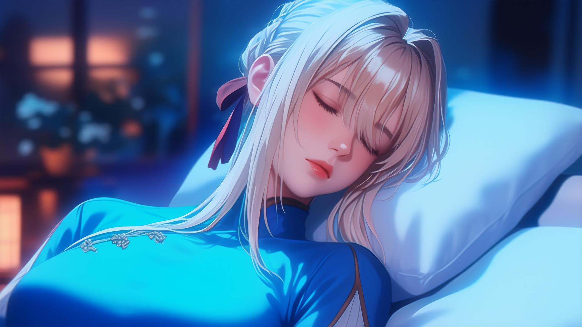 Violet Evergarden resting in apartment under moonlight