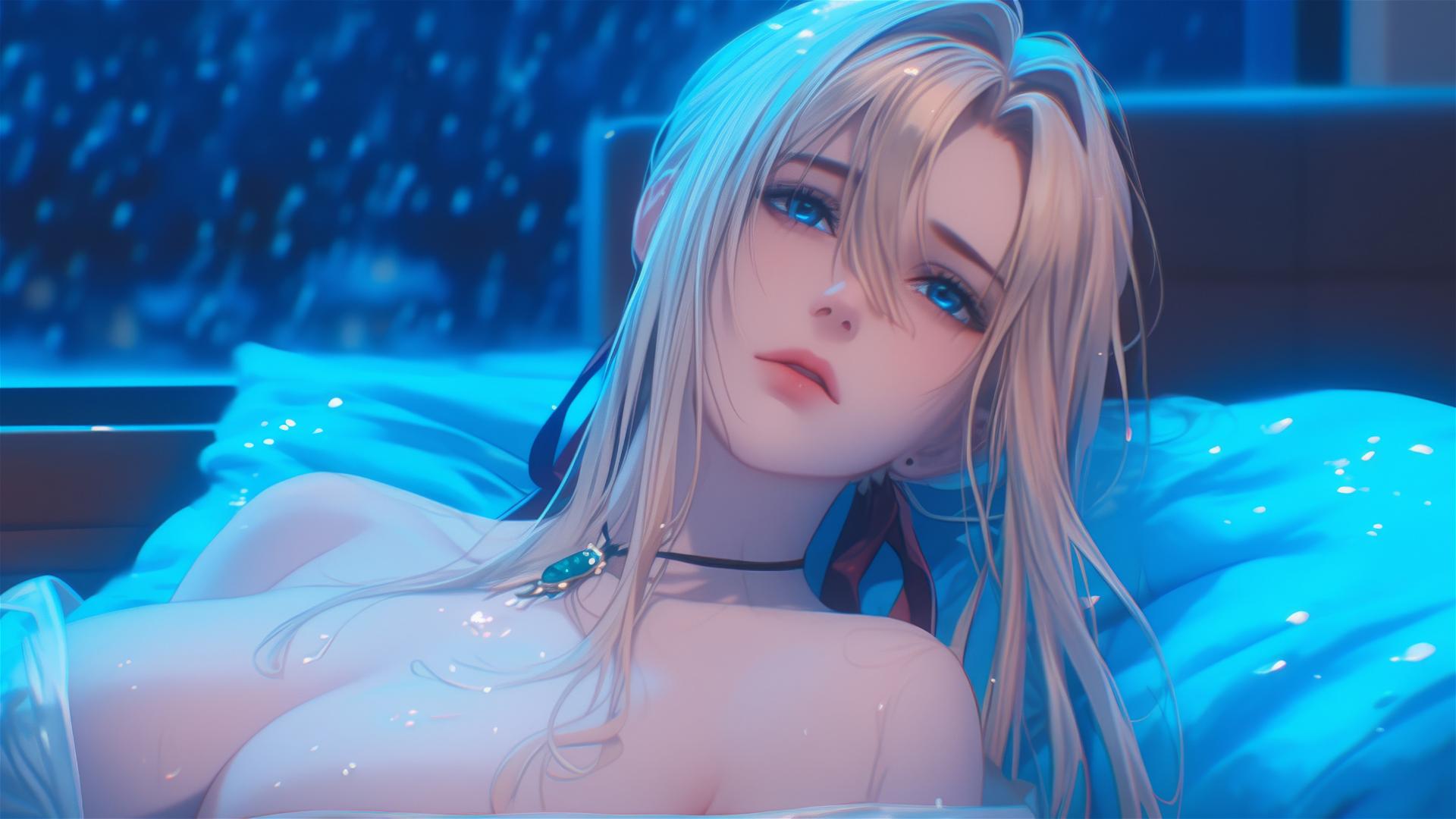 Violet Evergarden resting in apartment under moonlight