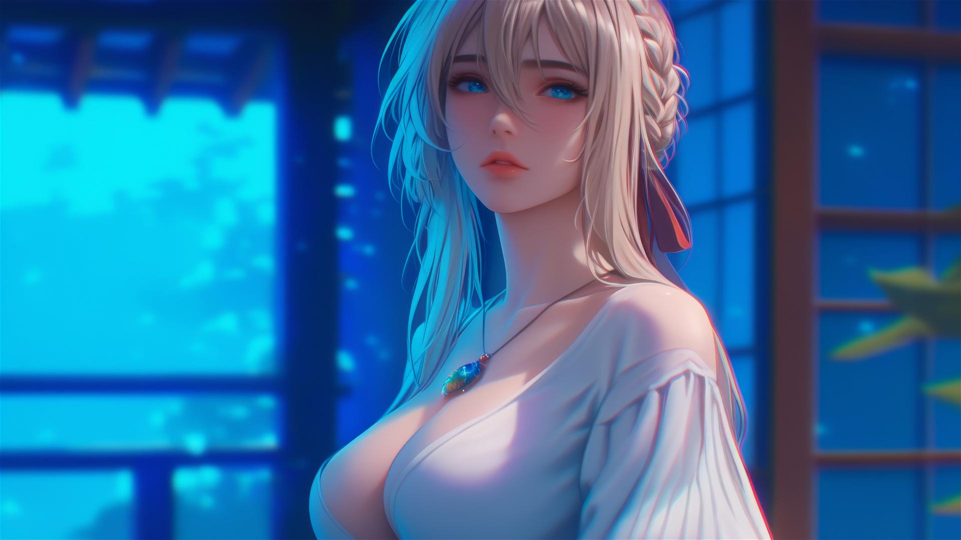 Violet Evergarden standing by her house under moonlight