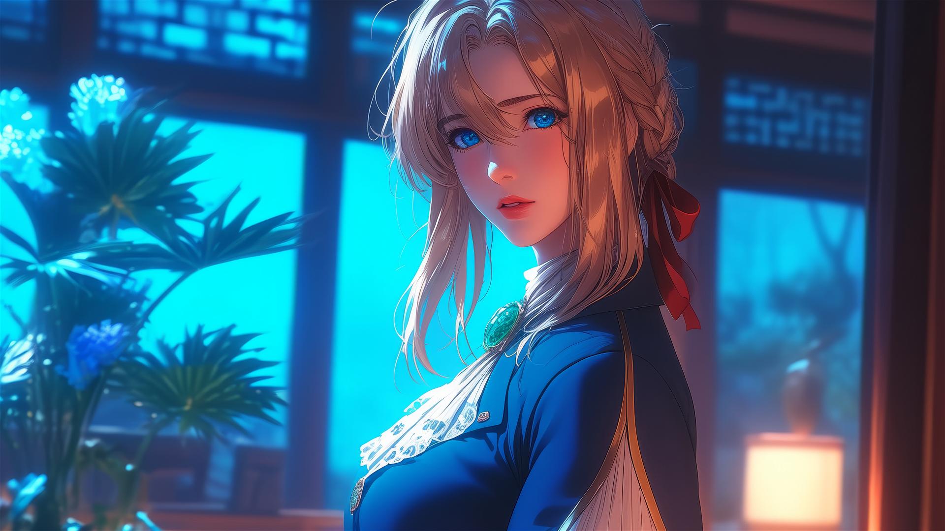 Violet Evergarden standing by her house under moonlight