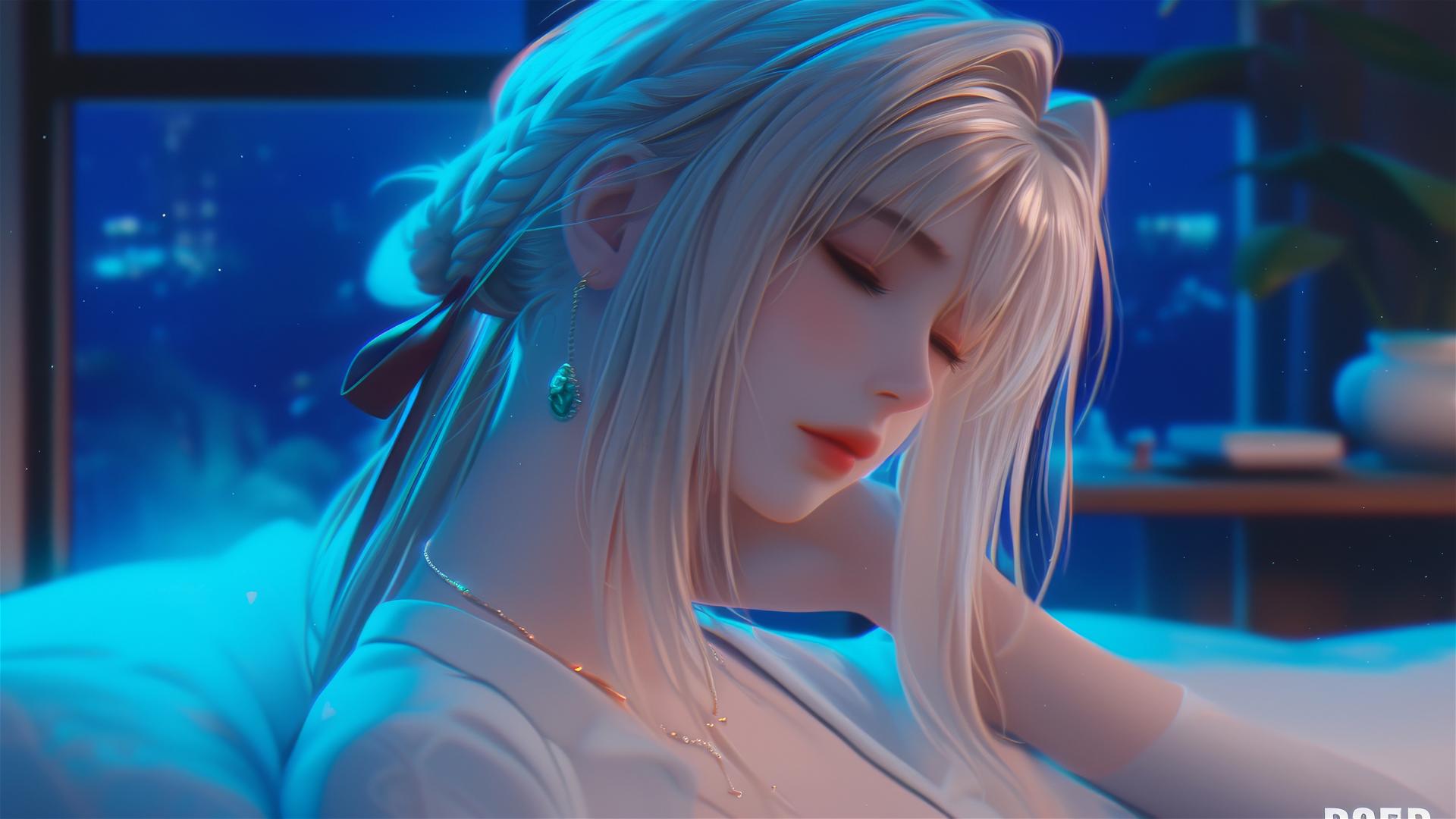 Violet Evergarden resting in moonlit apartment