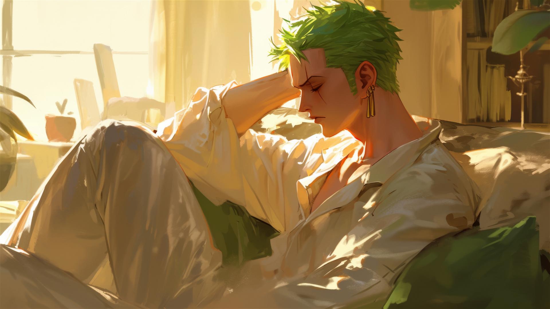 Roronoa Zoro in white silk pajamas sitting leisurely at sunrise