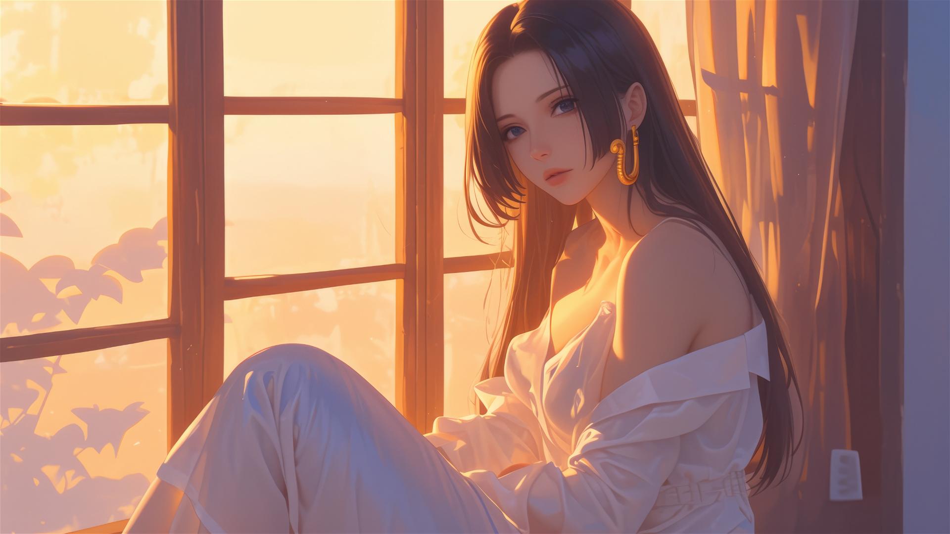 Boa Hancock of One Piece in white silk pajamas sitting leisurely in an apartment at sunrise