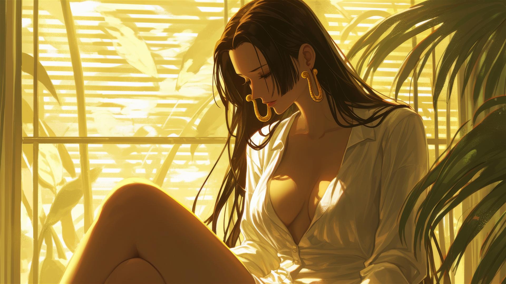 Boa Hancock in white silk pajamas sitting at an apartment during sunrise