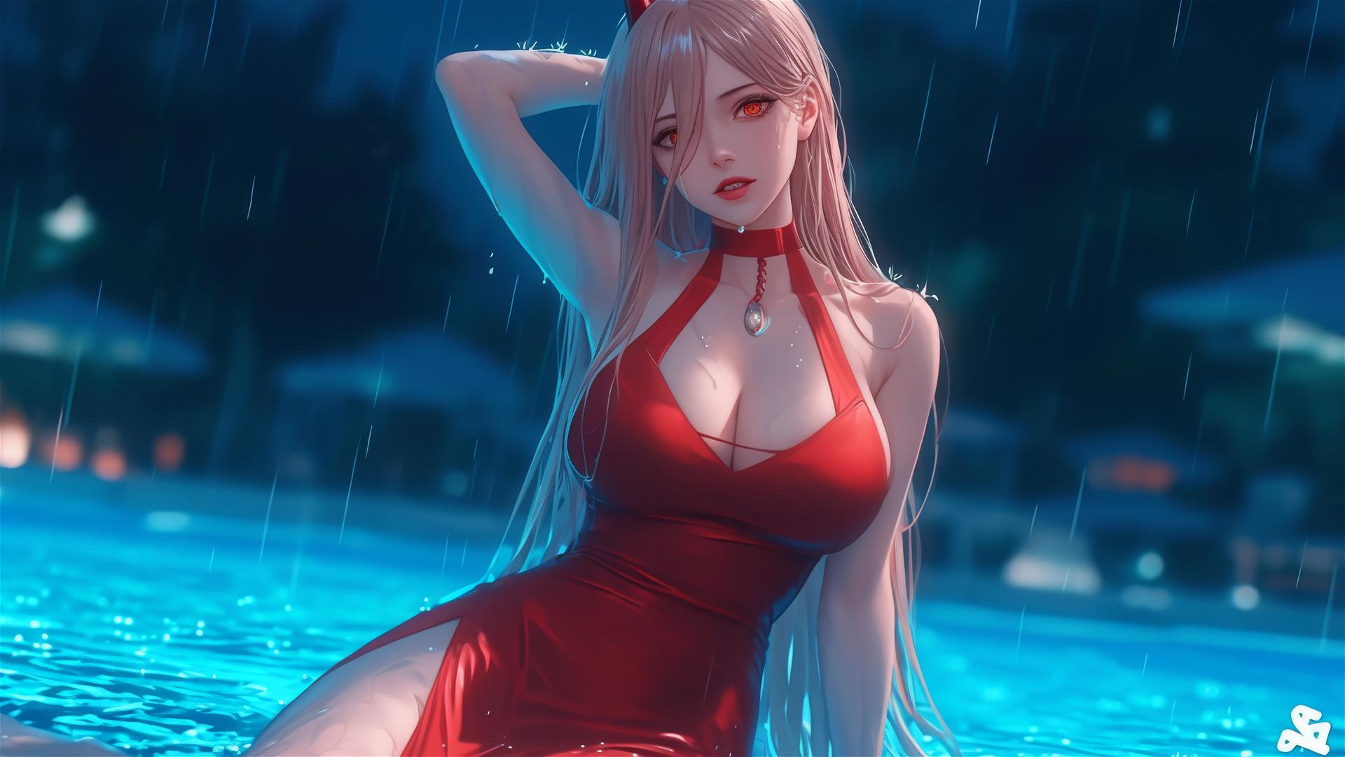 Power from Chainsaw Man at rainy pool, dynamic pose, red dress, light red horns