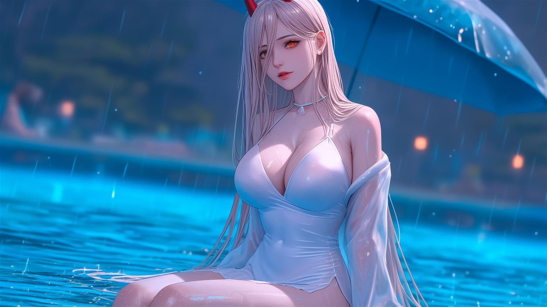 Power from Chainsaw Man at a rainy pool, dynamic pose, white dress