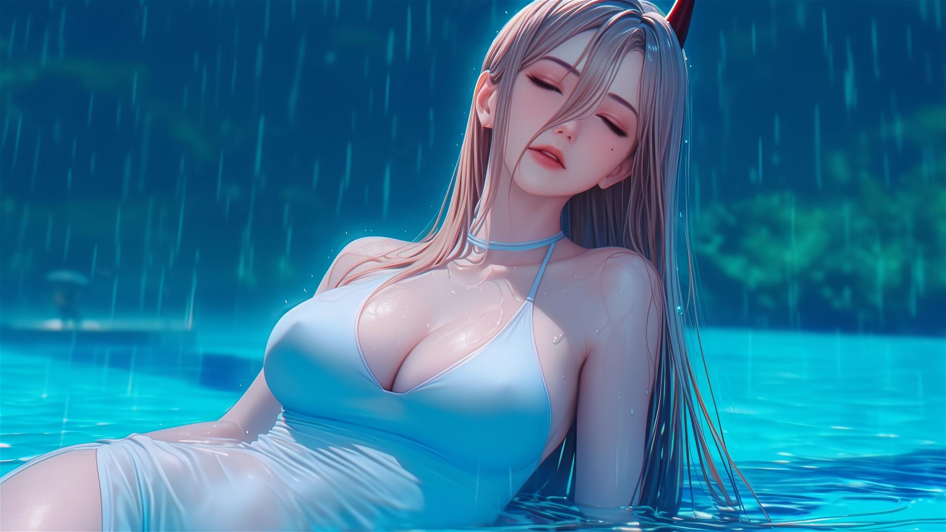 Power from Chainsaw Man at rainy pool, dynamic pose with thigh focus, blonde and red horns, white dress
