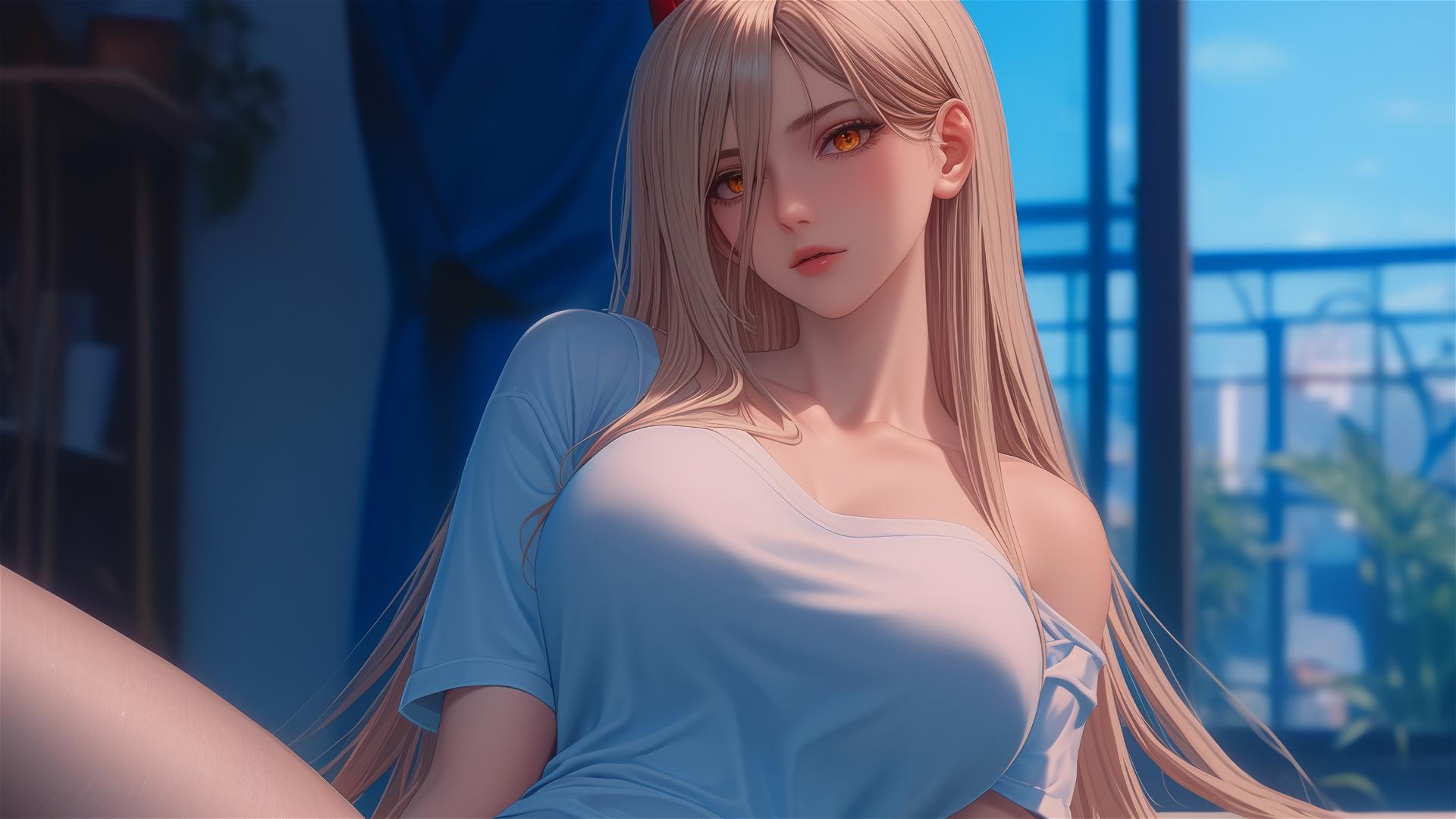 Power from Chainsaw Man resting in apartment with focus on thighs, blond hair and yellow eyes