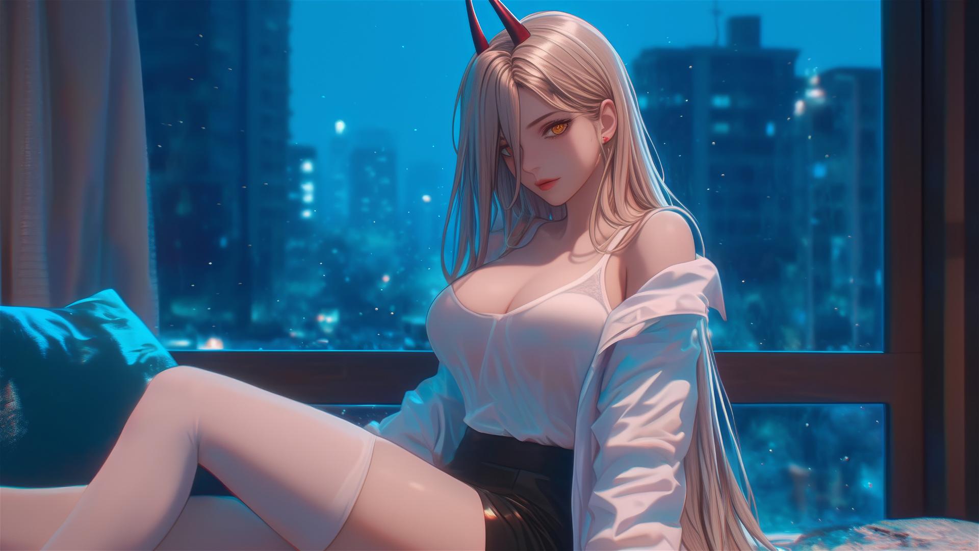 Power from Chainsaw Man resting, thigh focus, blond hair, light red horns, yellow eyes