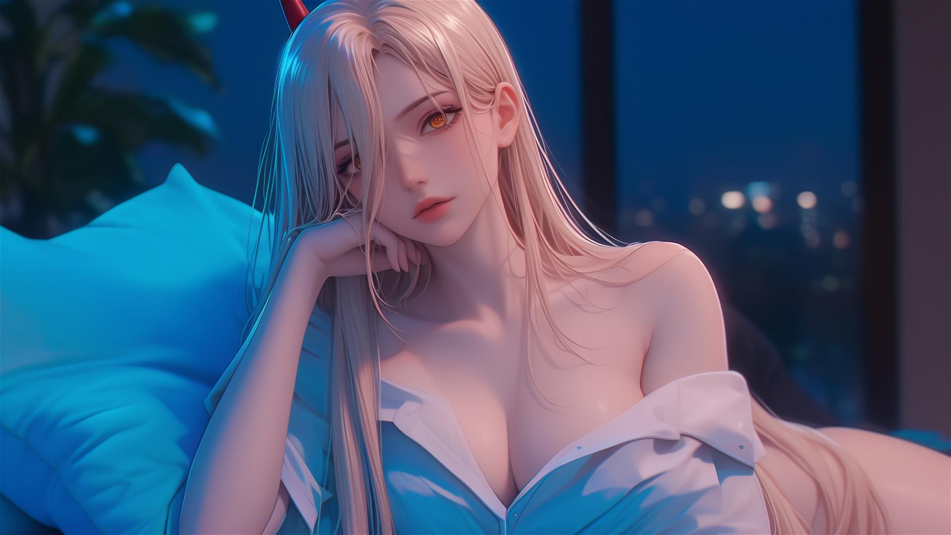 Power, a character from Chainsaw Man, leisurely resting in an apartment with focus on her thighs, sporting light red horns, blonde hair, and yellow eyes