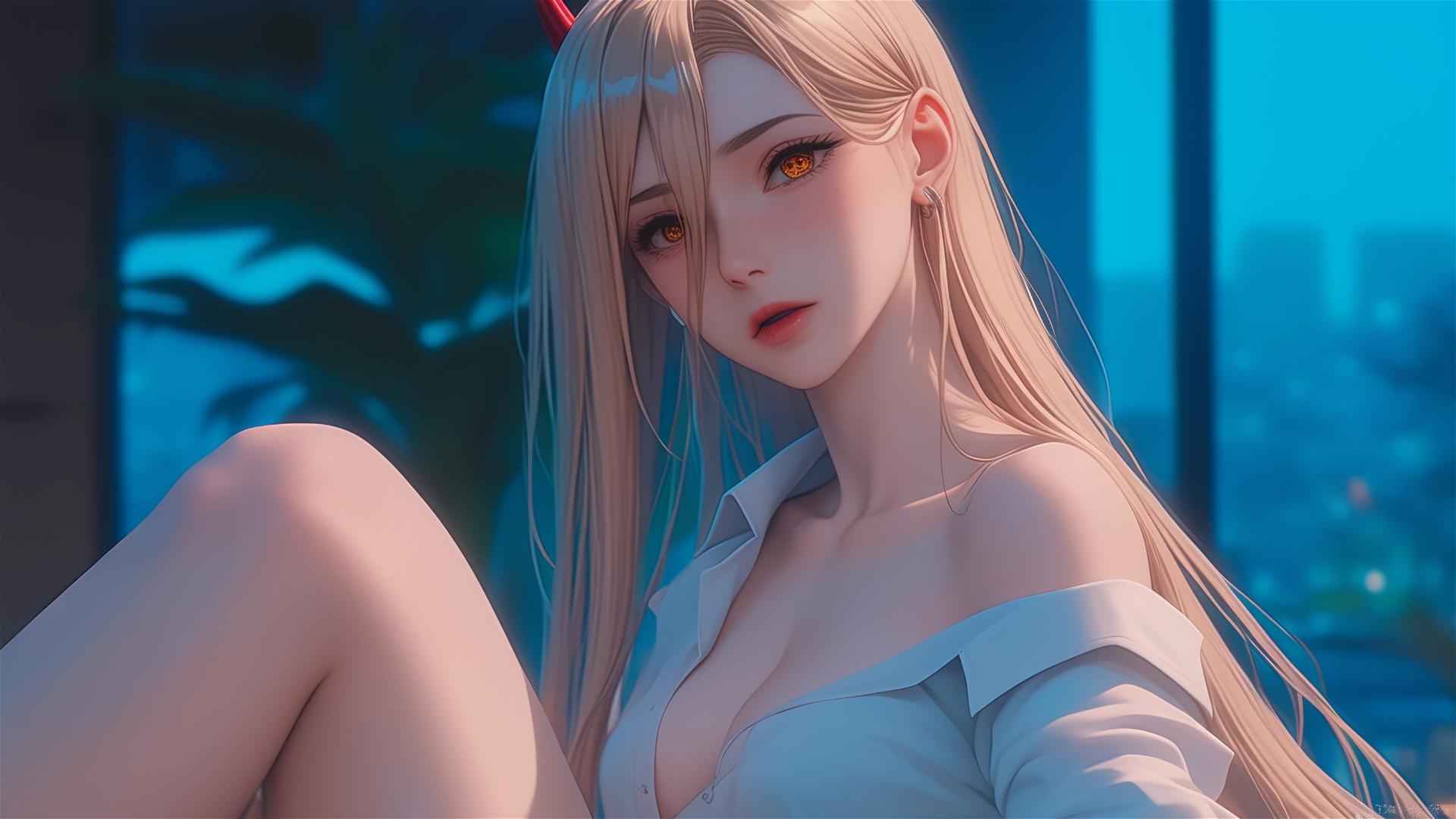 Power from Chainsaw Man resting in an apartment, with a focus on her thigh, blond hair, and light red horns