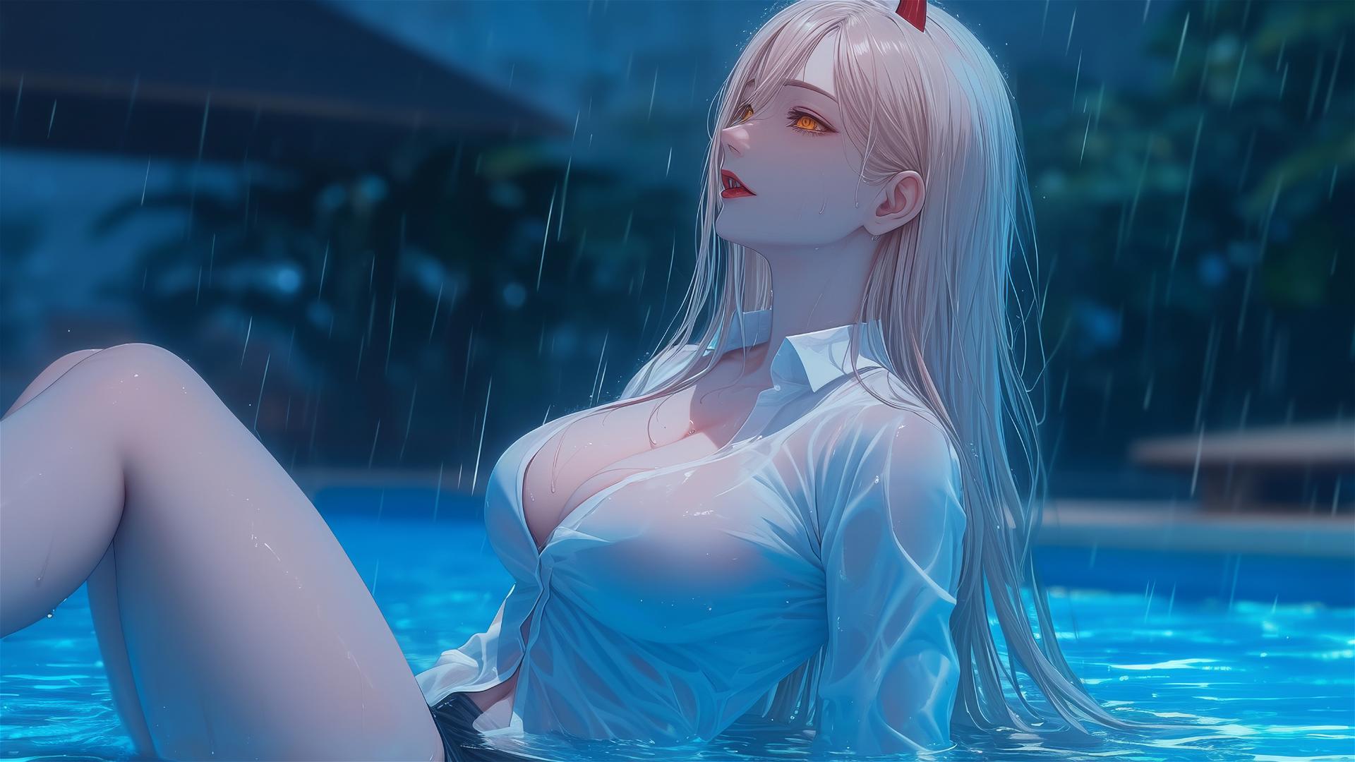 Power, a character from Chainsaw Man, lounging by a rainy poolside, highlighting thigh, blond hair, and light red horns.