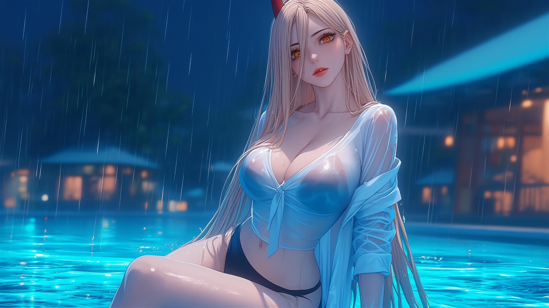 Power from Chainsaw Man resting at rainy pool, thigh focus, blond hair, light red horns, yellow eyes