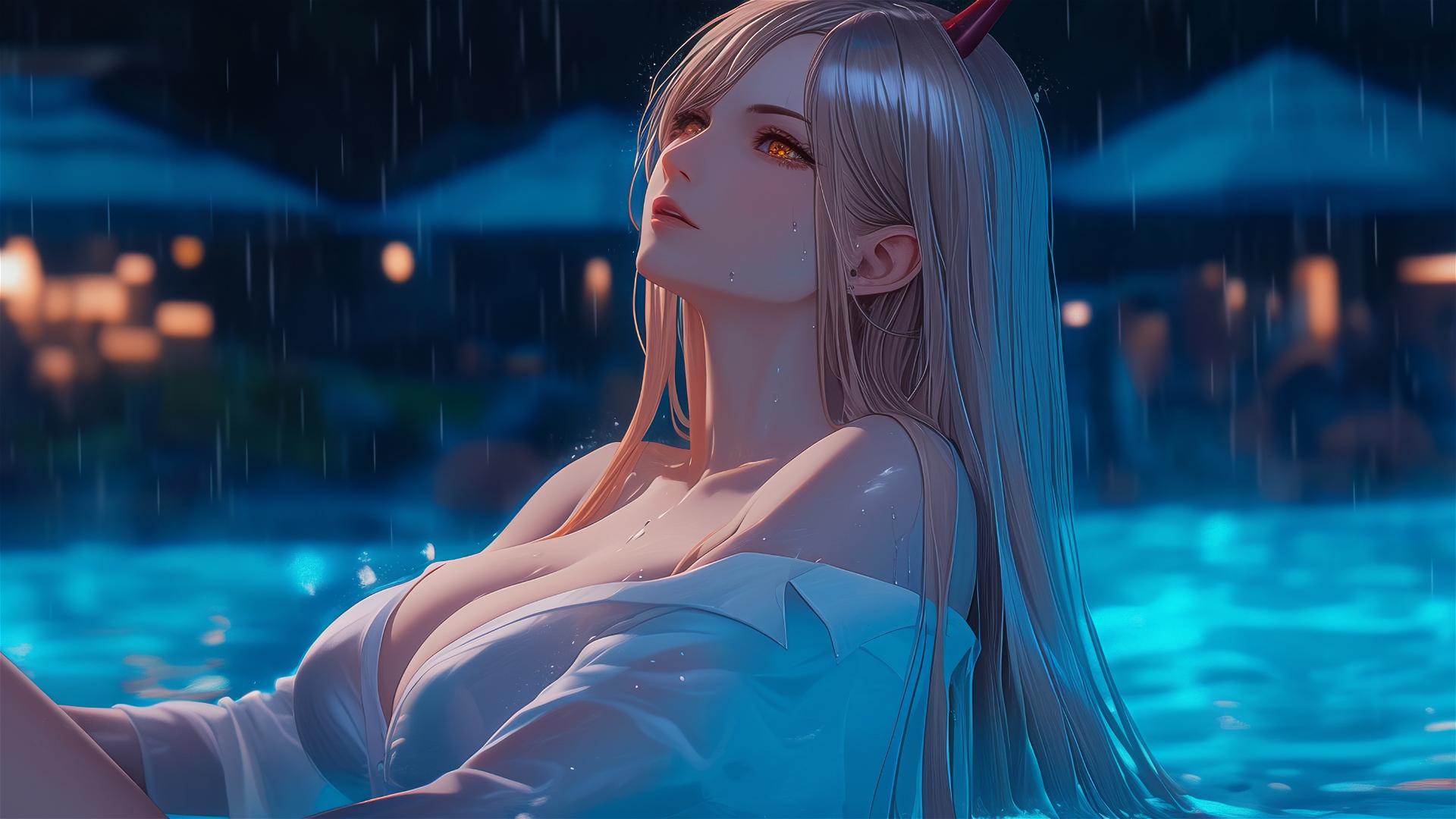 Power from Chainsaw Man resting at rainy pool, thigh focus, blond, red horns, yellow eyes