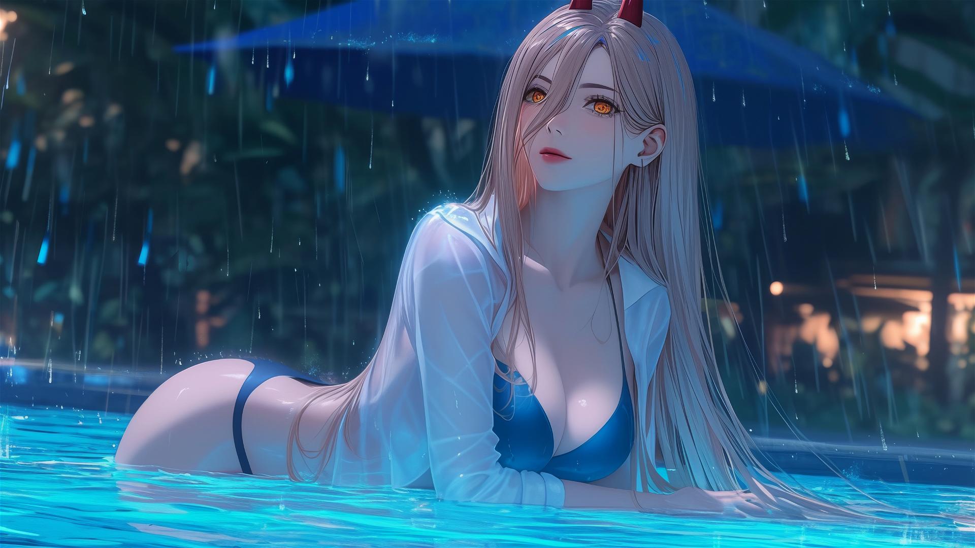 Power from Chainsaw Man resting by a rainy swimming pool, blond hair and light red horns, thigh focus, with yellow eyes