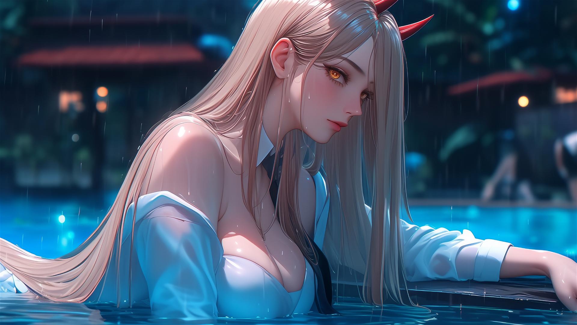 Power from Chainsaw Man resting at a rainy pool scene with blond hair, light red horns, and yellow eyes