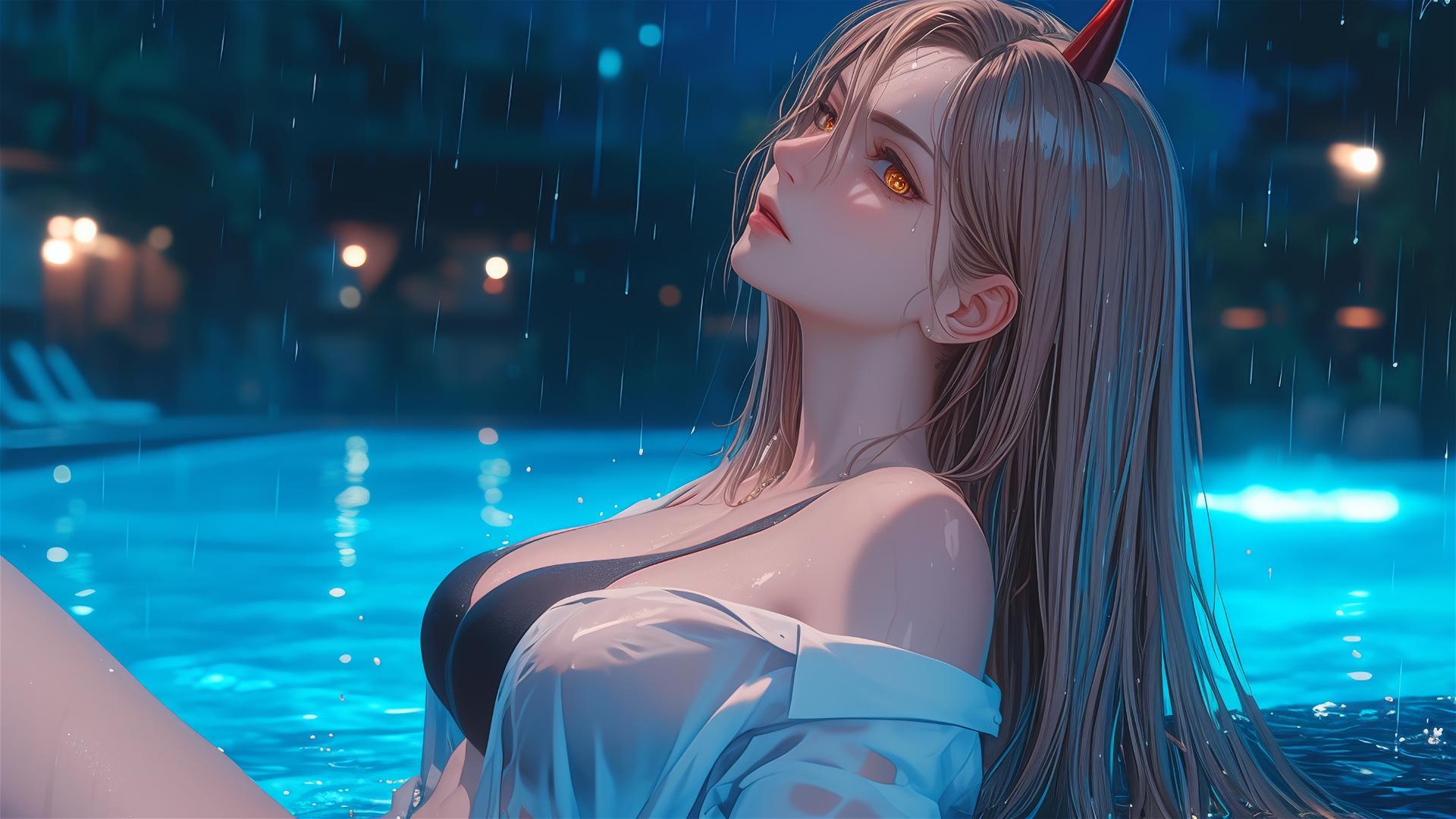 Power from Chainsaw Man resting by rainy pool, yellow eyes, light red horns, thigh focus