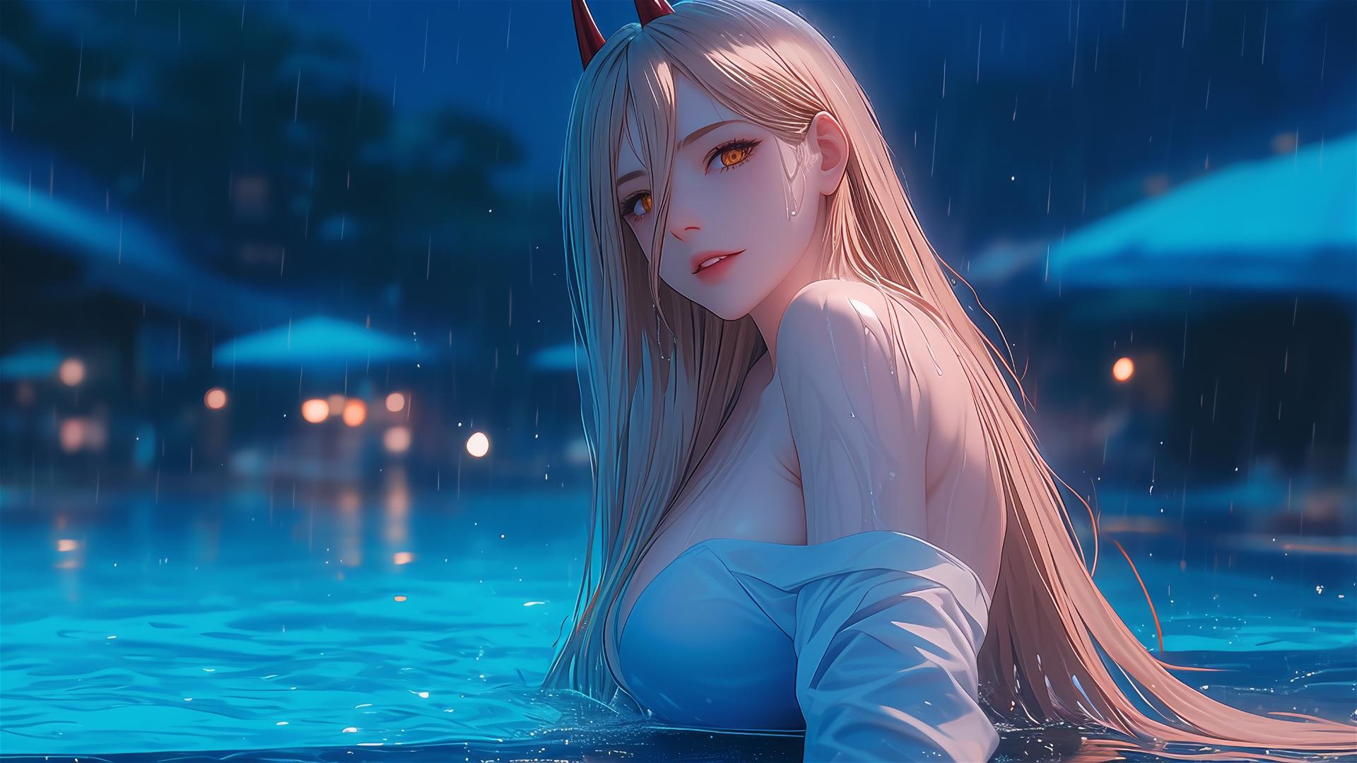 Power, character from Chainsaw Man, resting at a rainy swimming pool with light red horns and yellow eyes. Thigh focus.