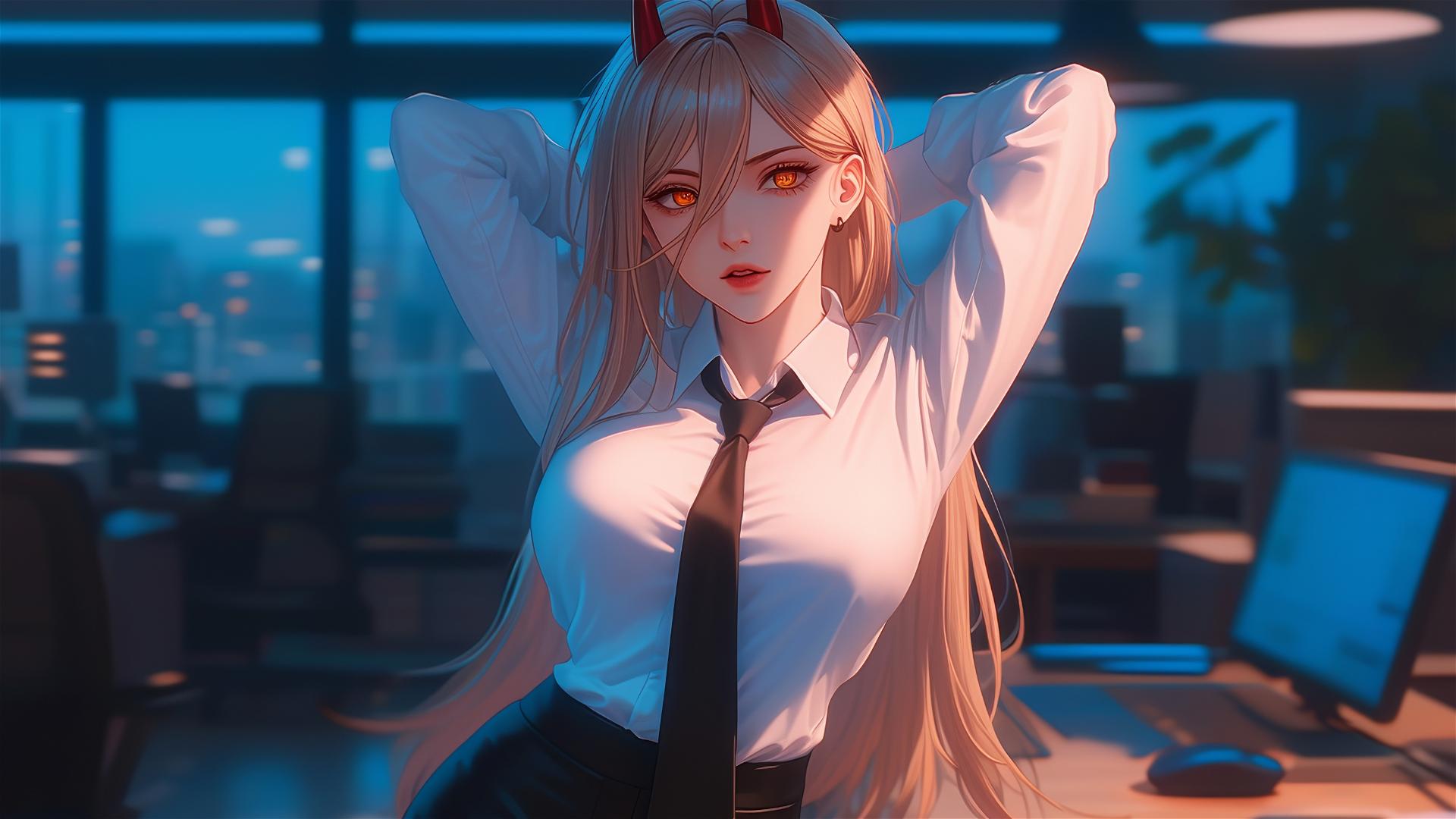 Bird's-eye view of Power from Chainsaw Man in office, blonde, red horns, yellow eyes