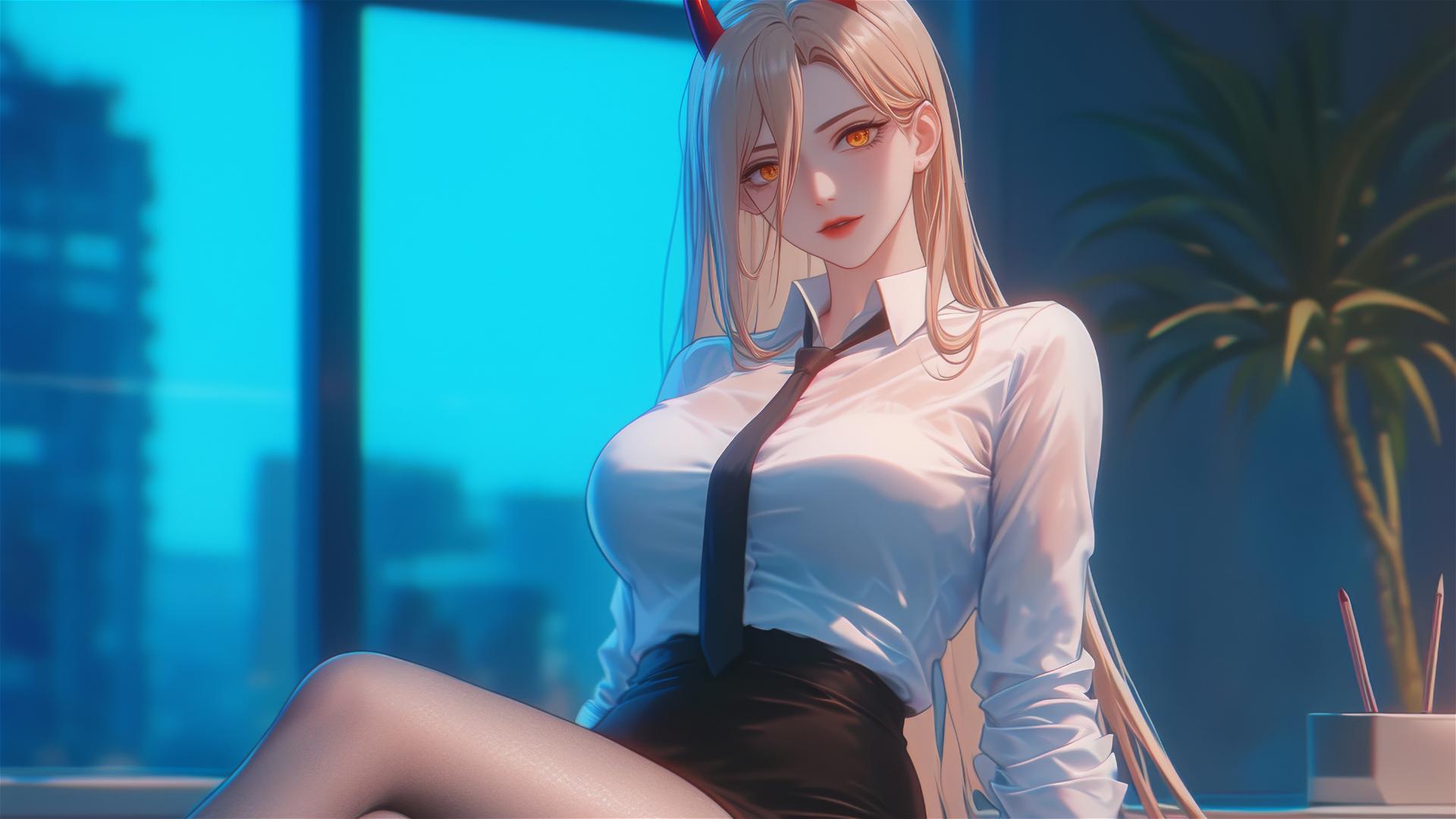 Remote angle showcasing a powerful Chainsaw Man at office, focusing on thighs, blonde hair, light red horns, yellow eyes, and office ambiance