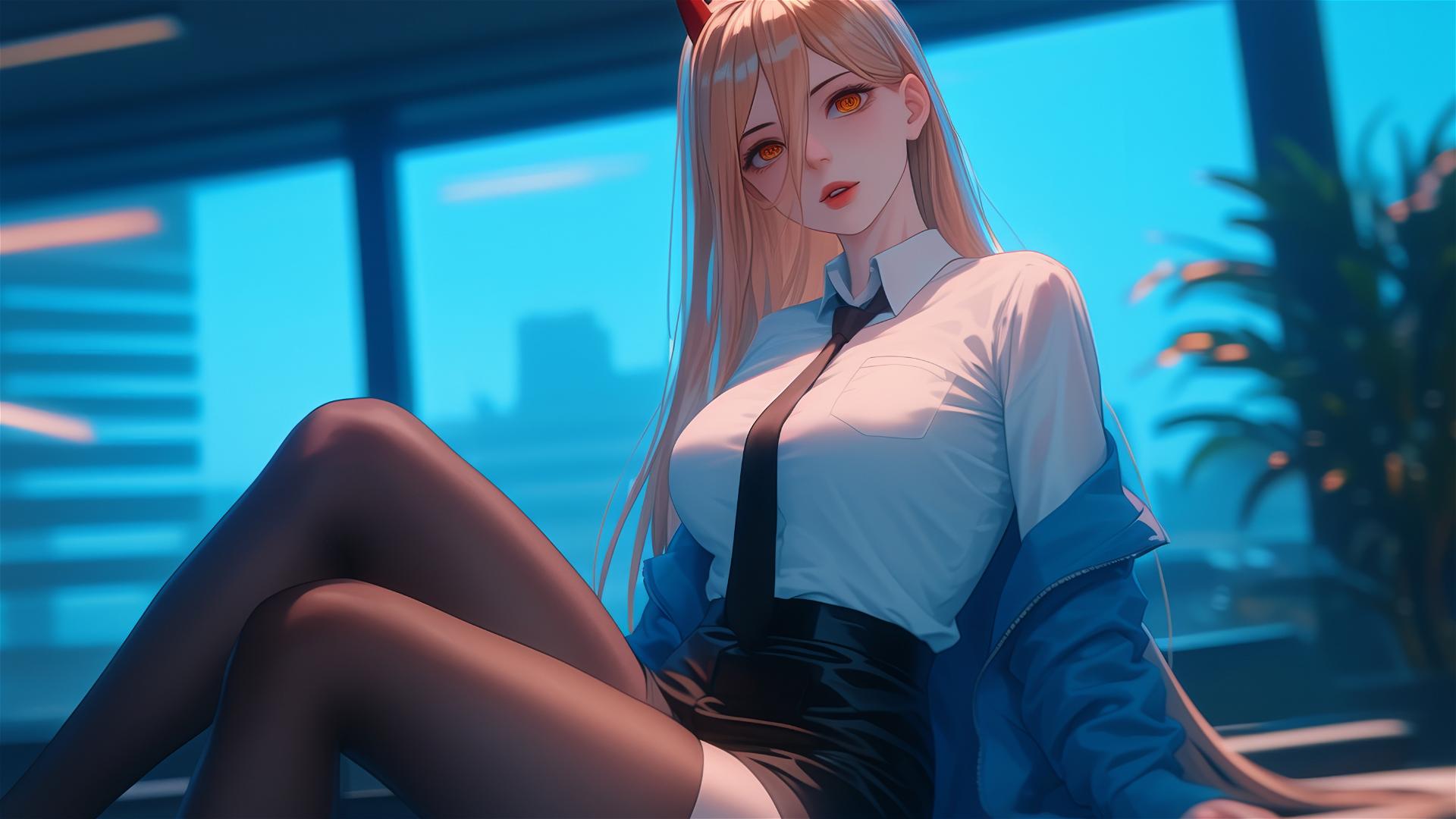 Remote angle with Power from Chainsaw Man at office, focusing on thighs, blonde hair, red horns, yellow eyes