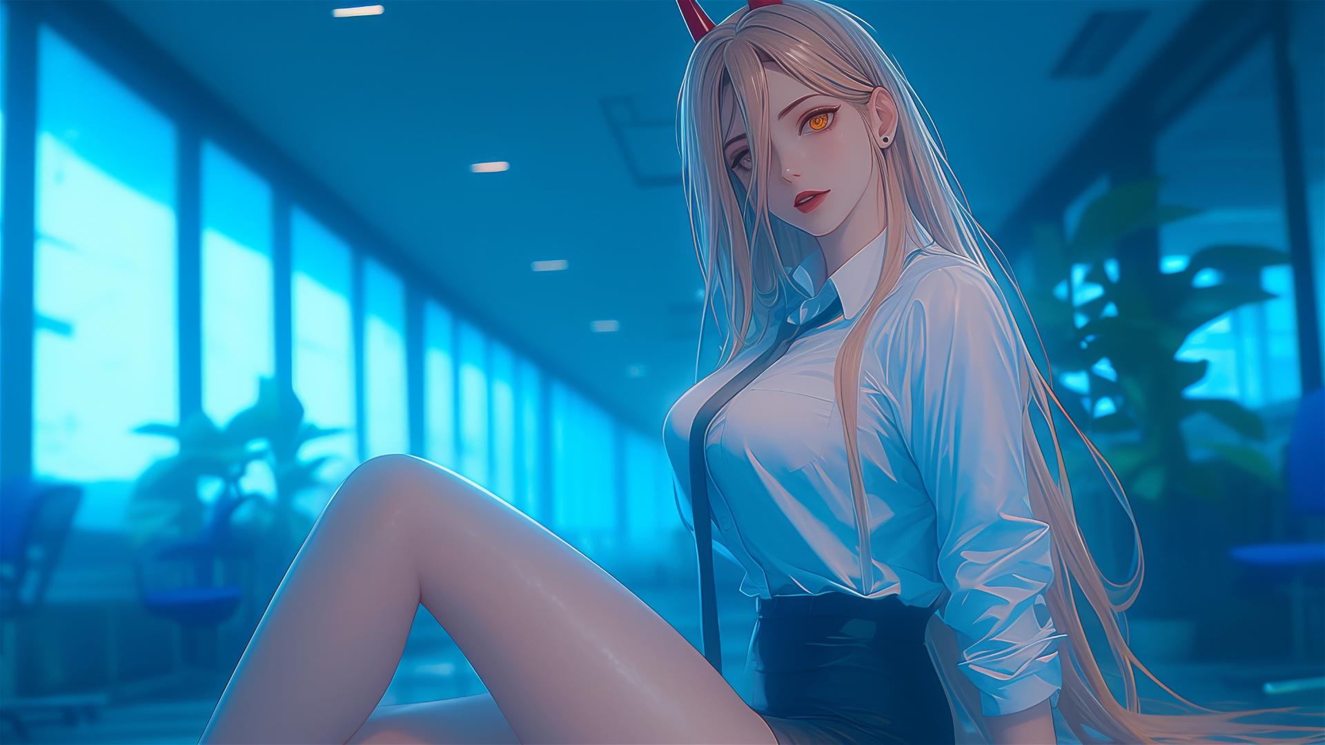 Remote from Chainsaw Man at end of office hallway, highlighting thighs, blonde hair, red horns, and yellow eyes