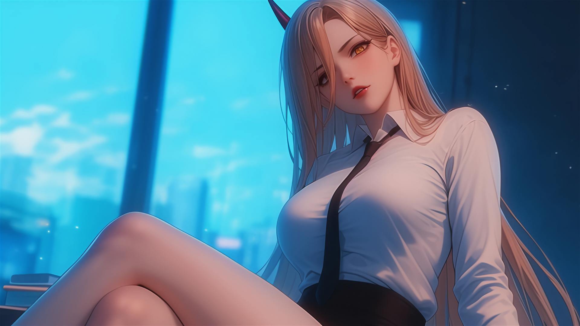 A remote view of Power from Chainsaw Man in office, prominently featuring her thighs, blonde hair, light red horns, and yellow eyes.