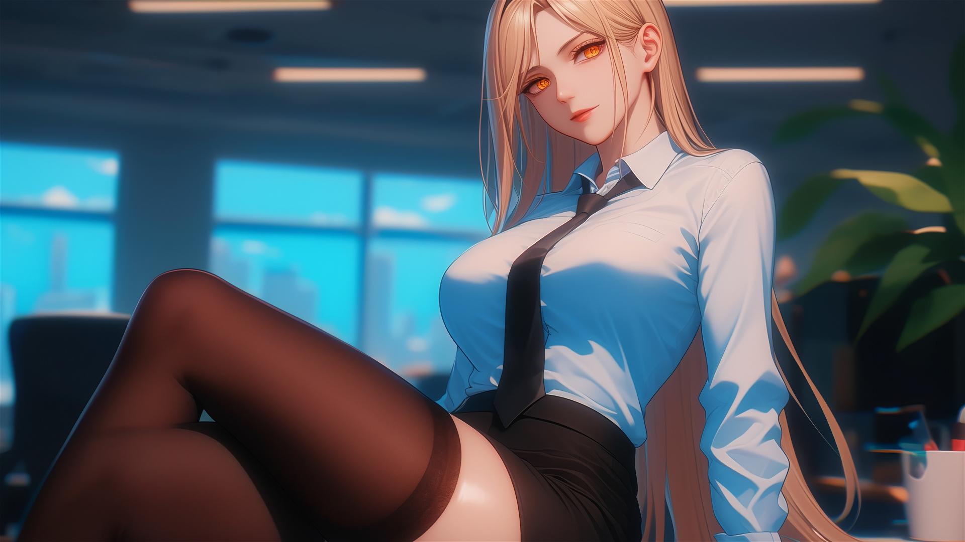 Distant view of Power from Chainsaw Man in office, highlighting her thighs, blond hair, pigmented red horns, and yellow eyes