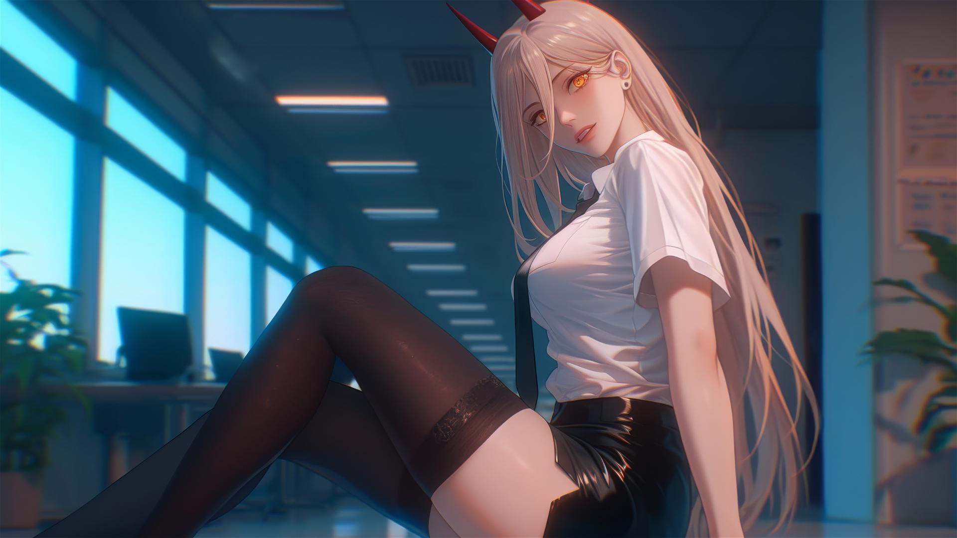 Power from Chainsaw Man in office hallway, emphasizing her blonde hair, red horns, yellow eyes, and thighs.