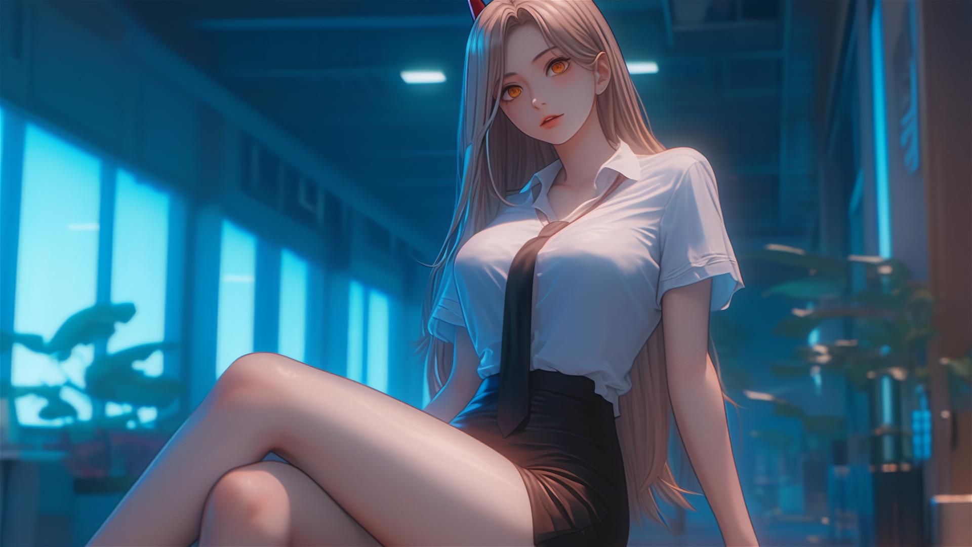Blonde, horned character from Chainsaw Man at end of long office hallway with deep focus
