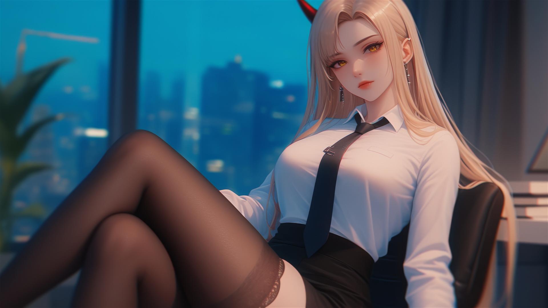 View of Power with blonde hair, light red horns, and yellow eyes in an office scene from a distant elevated angle