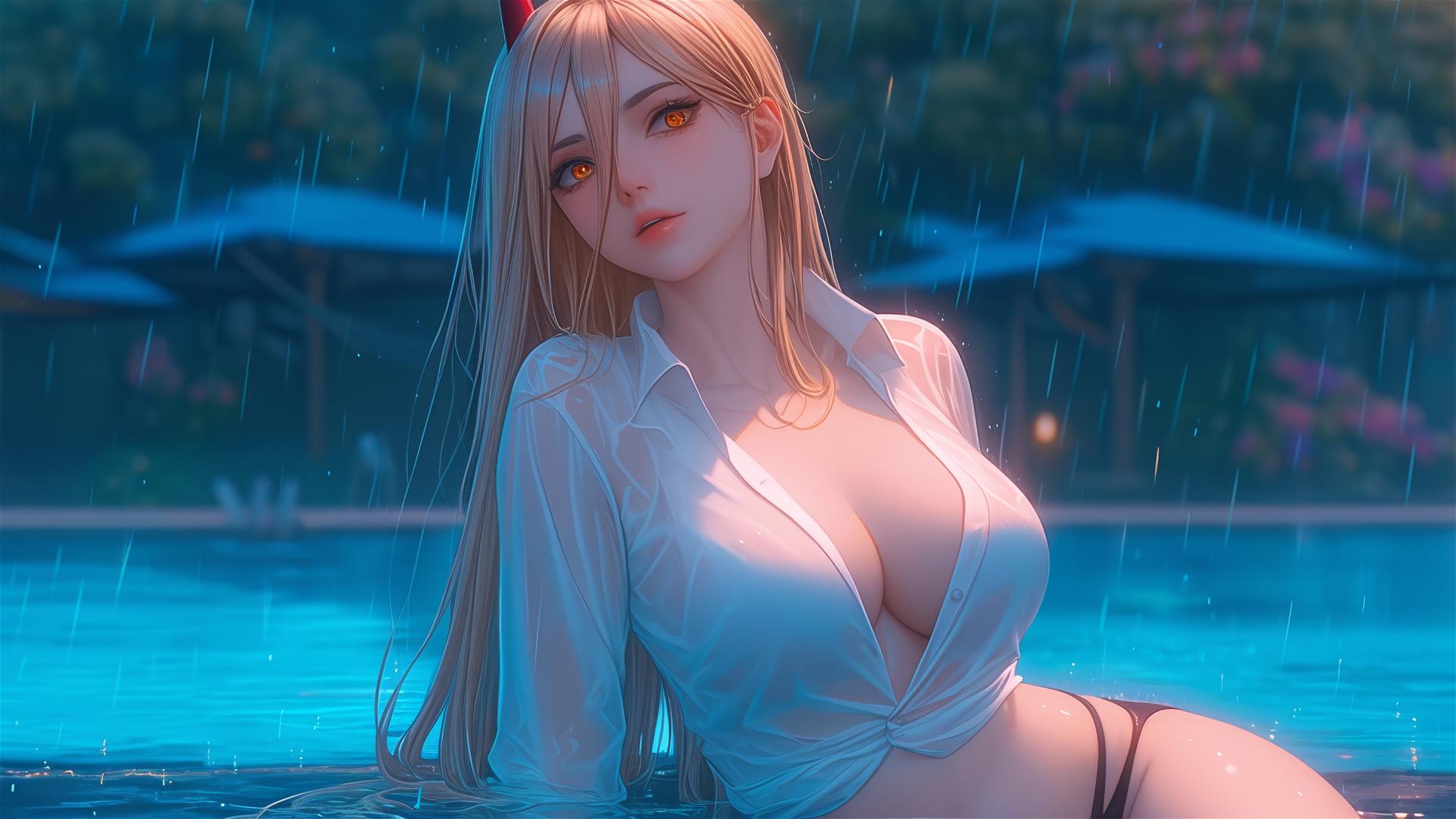 Power from Chainsaw Man resting by a rainy pool, yellow eyes, red horns, blond hair