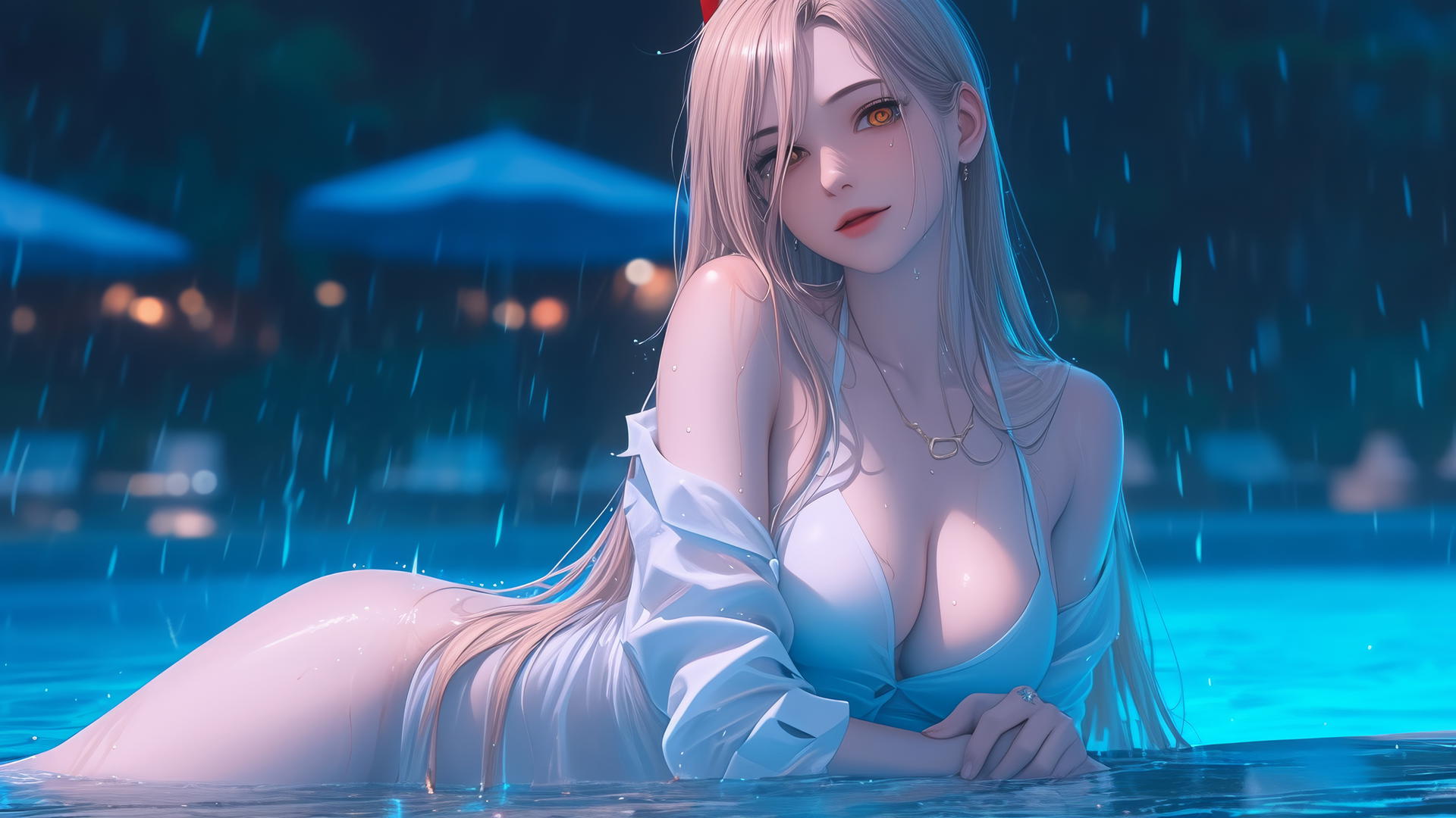 Power from Chainsaw Man resting at a rainy swimming pool with bright yellow eyes and light red horns