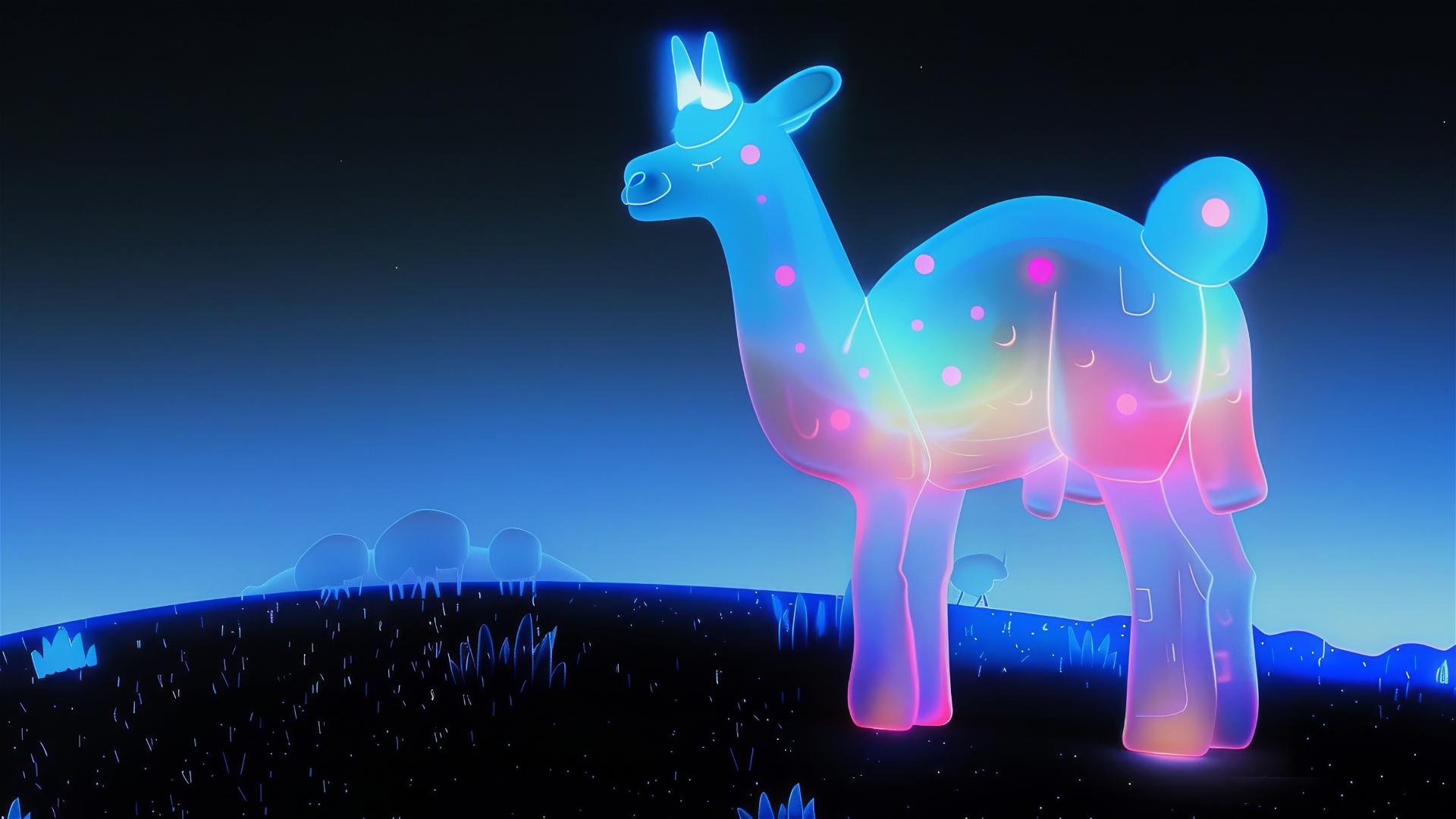A radiant llama observing a glowing firefly on its leg in an open space