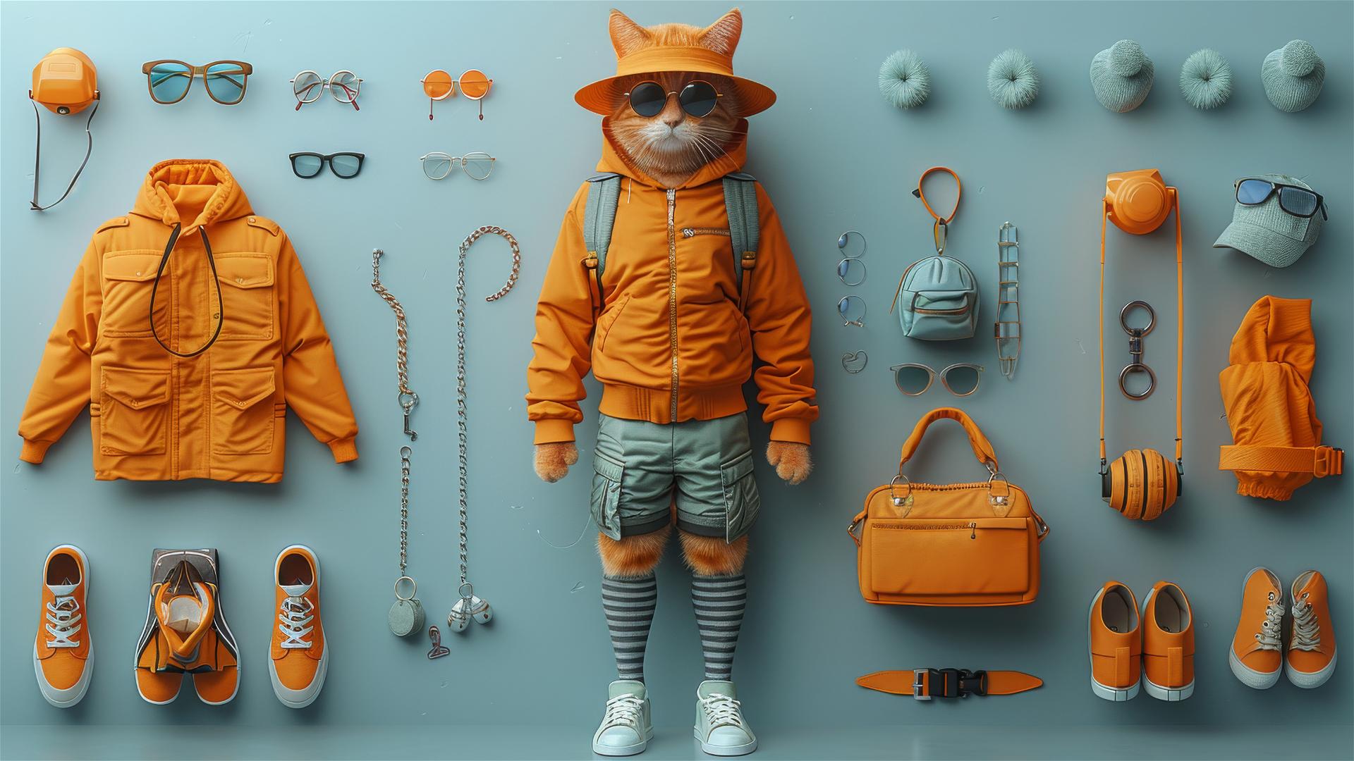 Stylish cat in sunglasses, hat, shorts, and sneakers standing amidst assorted accessories on a light blue background